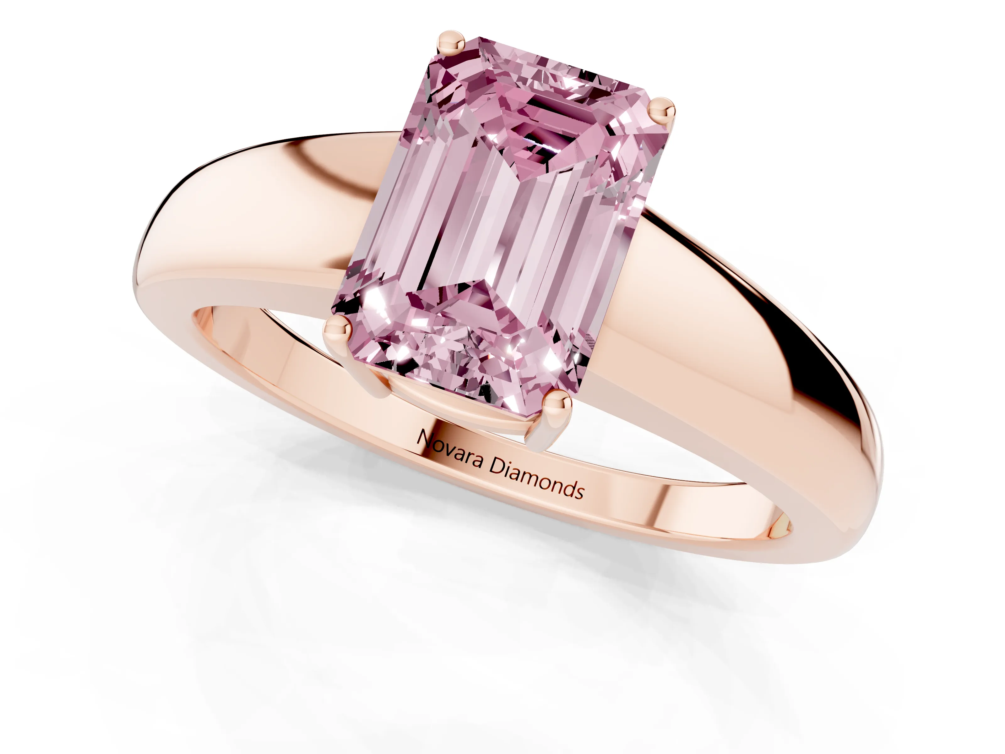 Fancy Pink Emerald Cut Diamond Solitaire Ring Set in Rose gold with Tapered Band and Prong Setting