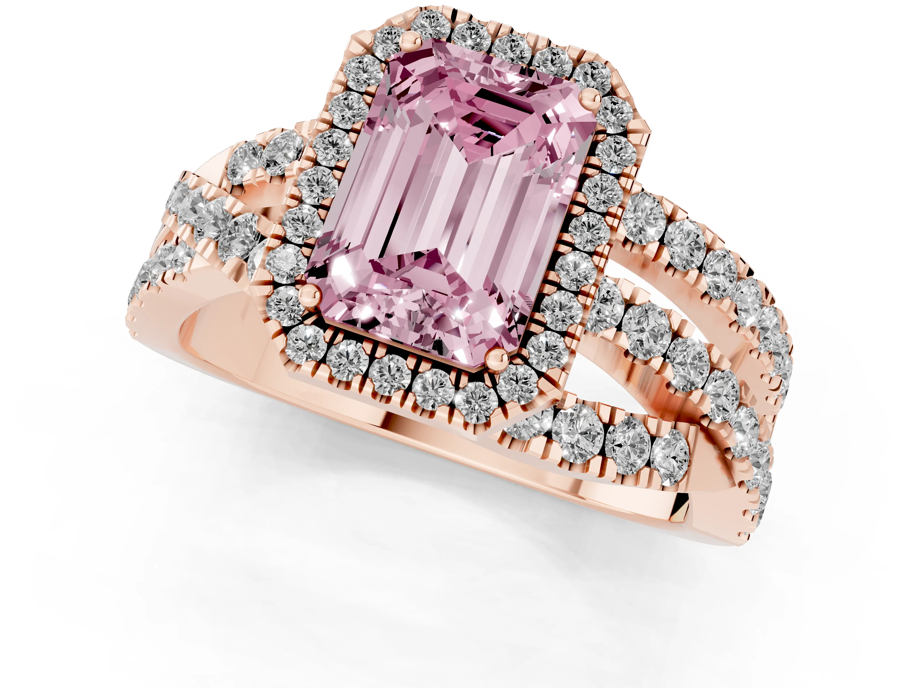 Fancy Pink Emerald Cut Diamond Halo Ring Set in Rose gold with Round Crossover Split Shank and Prong Setting