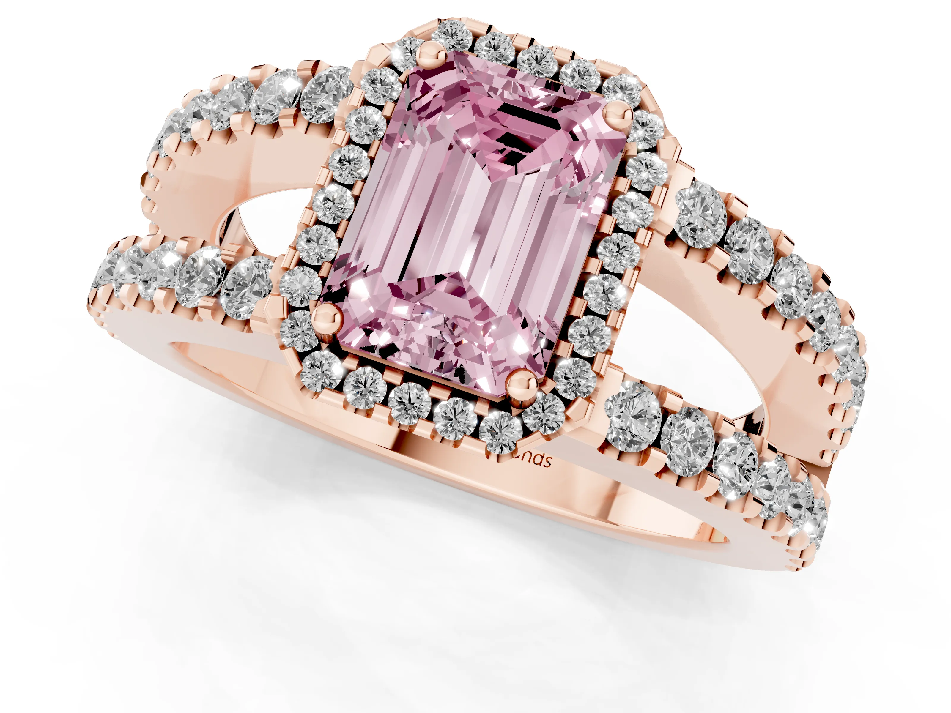 Fancy Pink Emerald Cut Diamond Halo Ring Set in Rose gold with Pavé Split Shank and Prong Setting