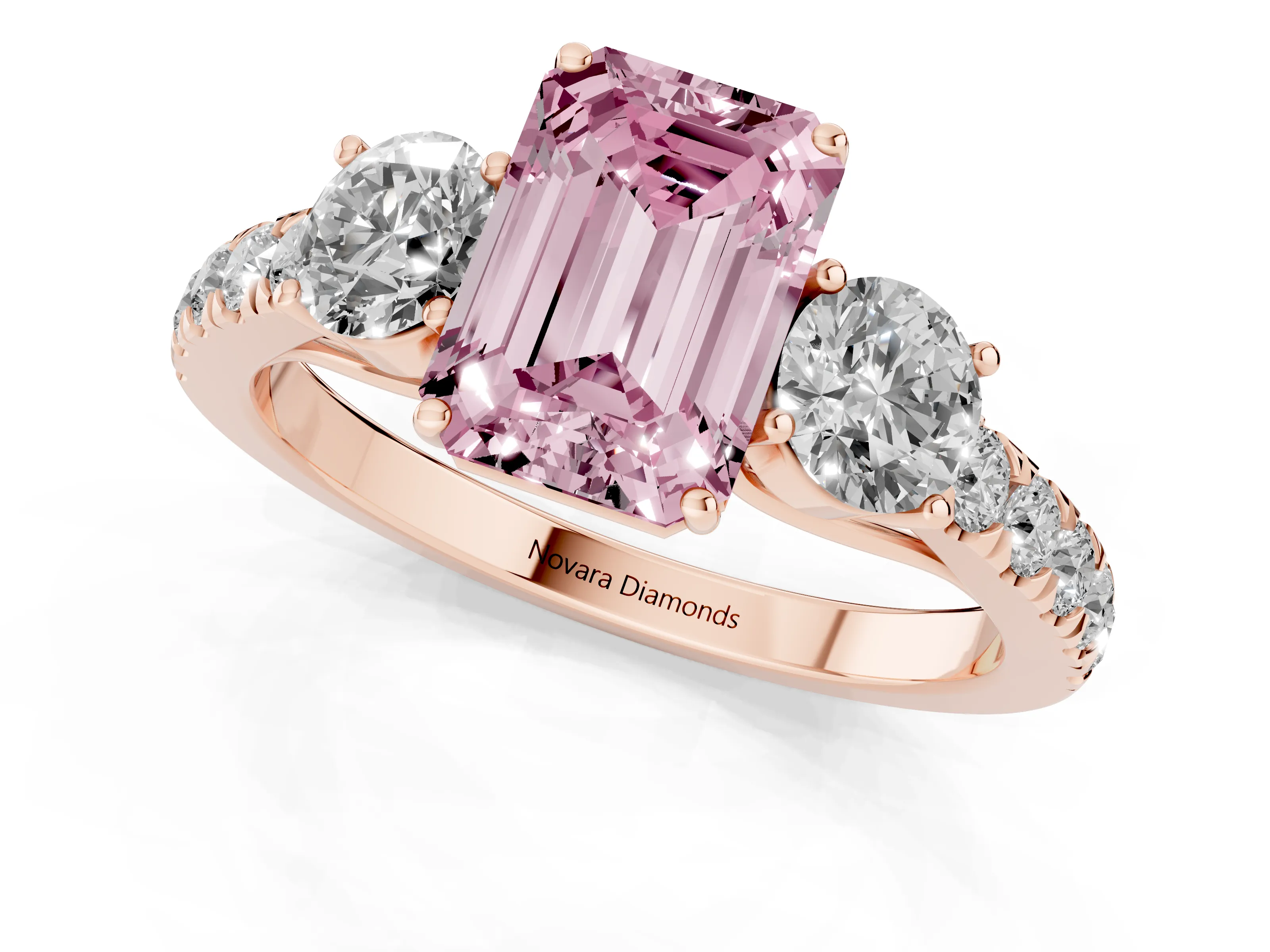 Fancy Pink Emerald Cut Diamond Three-Stone Ring Set in Rose gold with Round Side Stones and Delicate Pavé Band