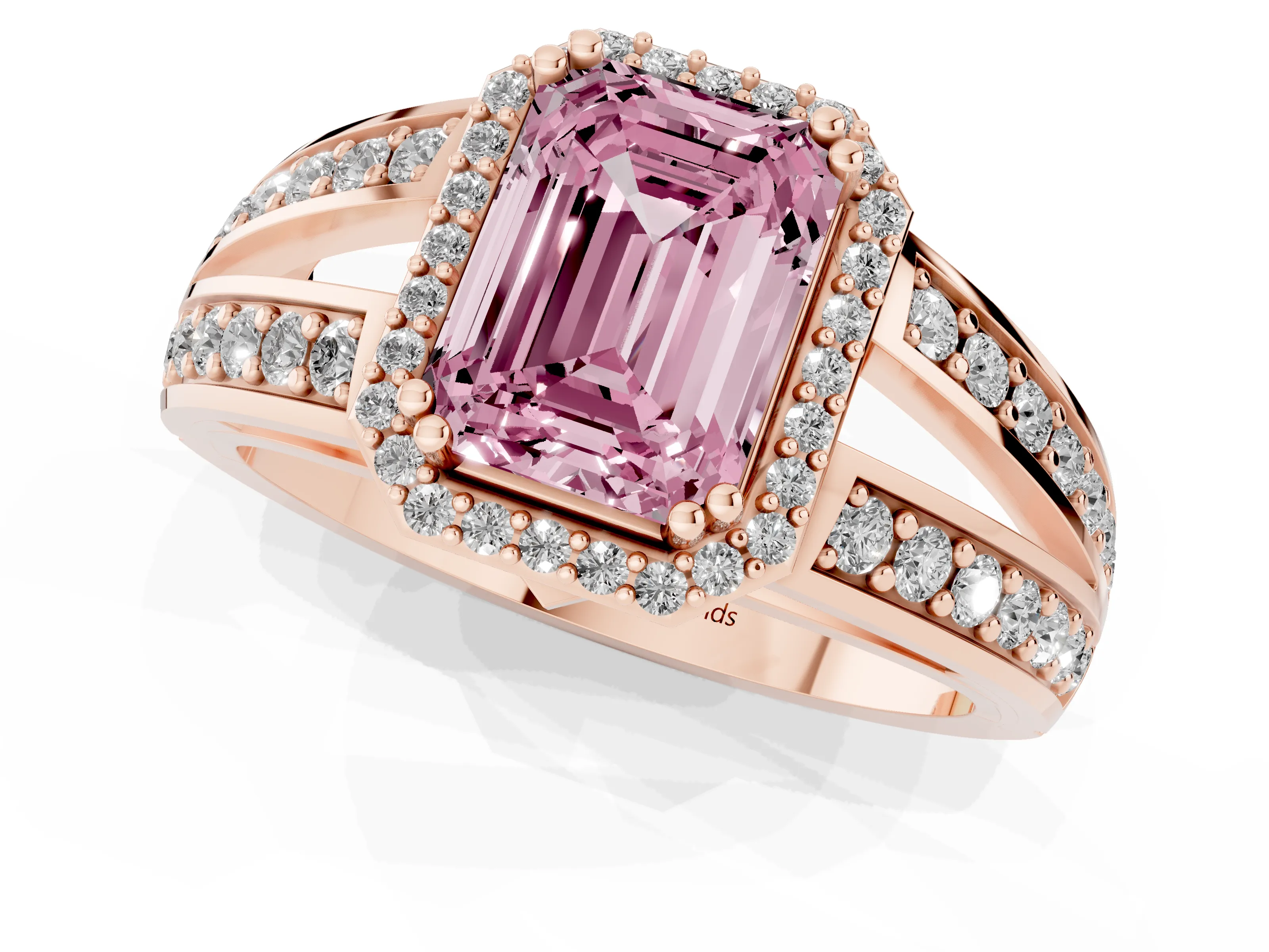 Fancy Pink Emerald Cut Diamond Halo Ring Set in Rose gold with Double Pavé Split Shank