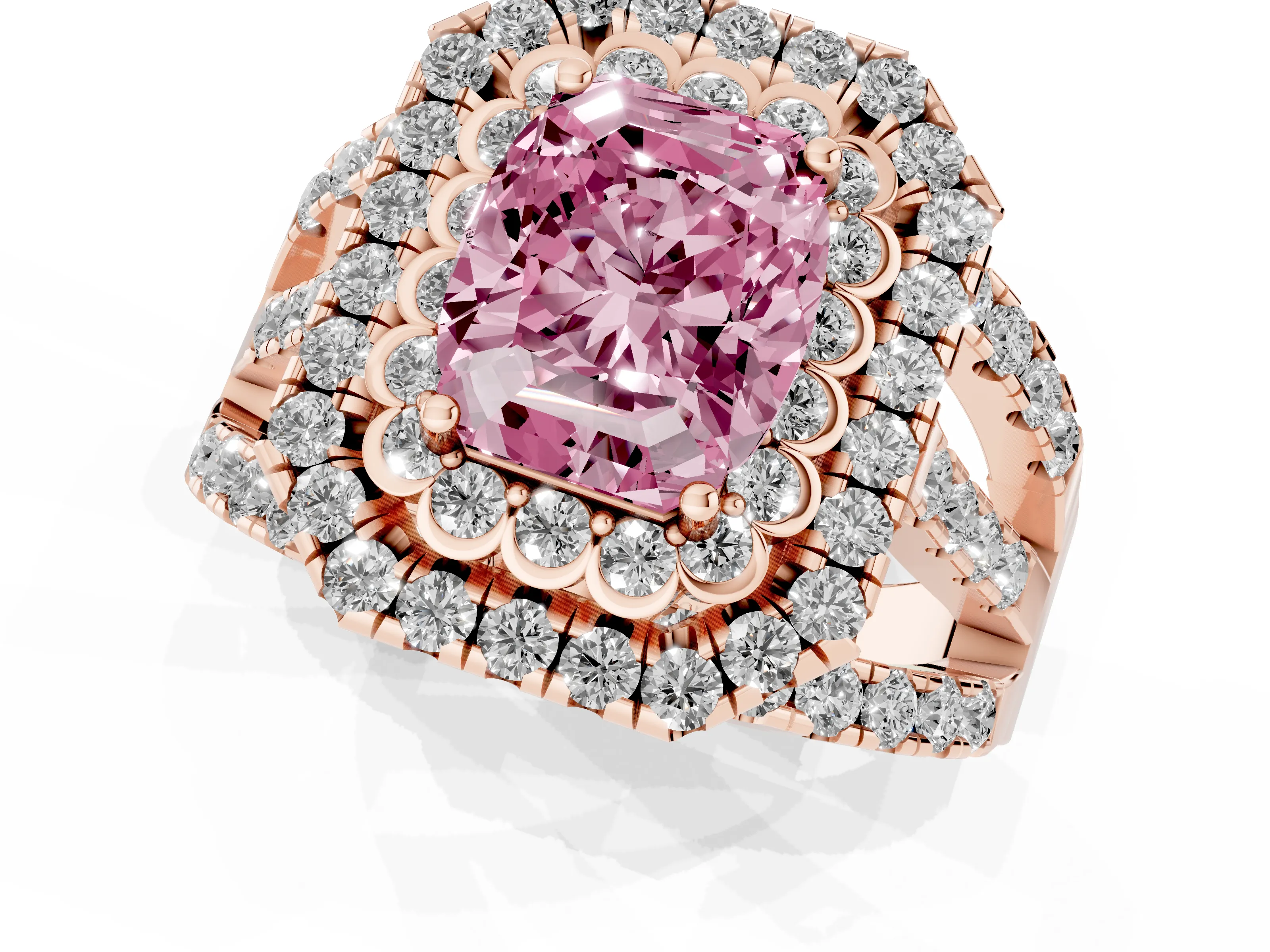 Fancy Pink Emerald Cut Diamond Double Halo Ring Set in Rose gold with Round Pavé Split Shank