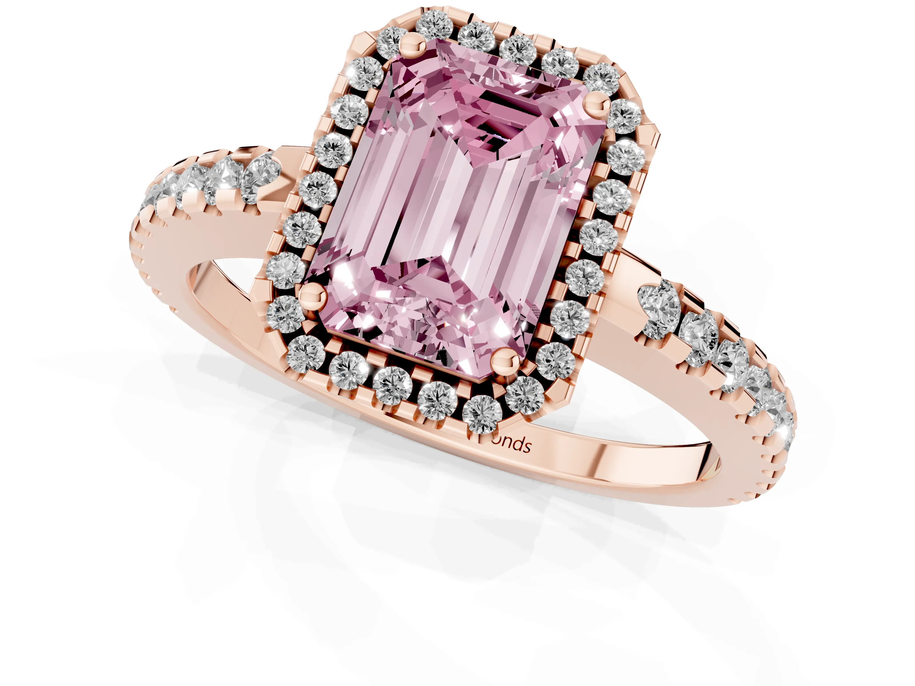 Fancy Pink Emerald Cut Diamond Halo Ring Set in Rose gold with Pavé Shoulders and Halo-Framed Center