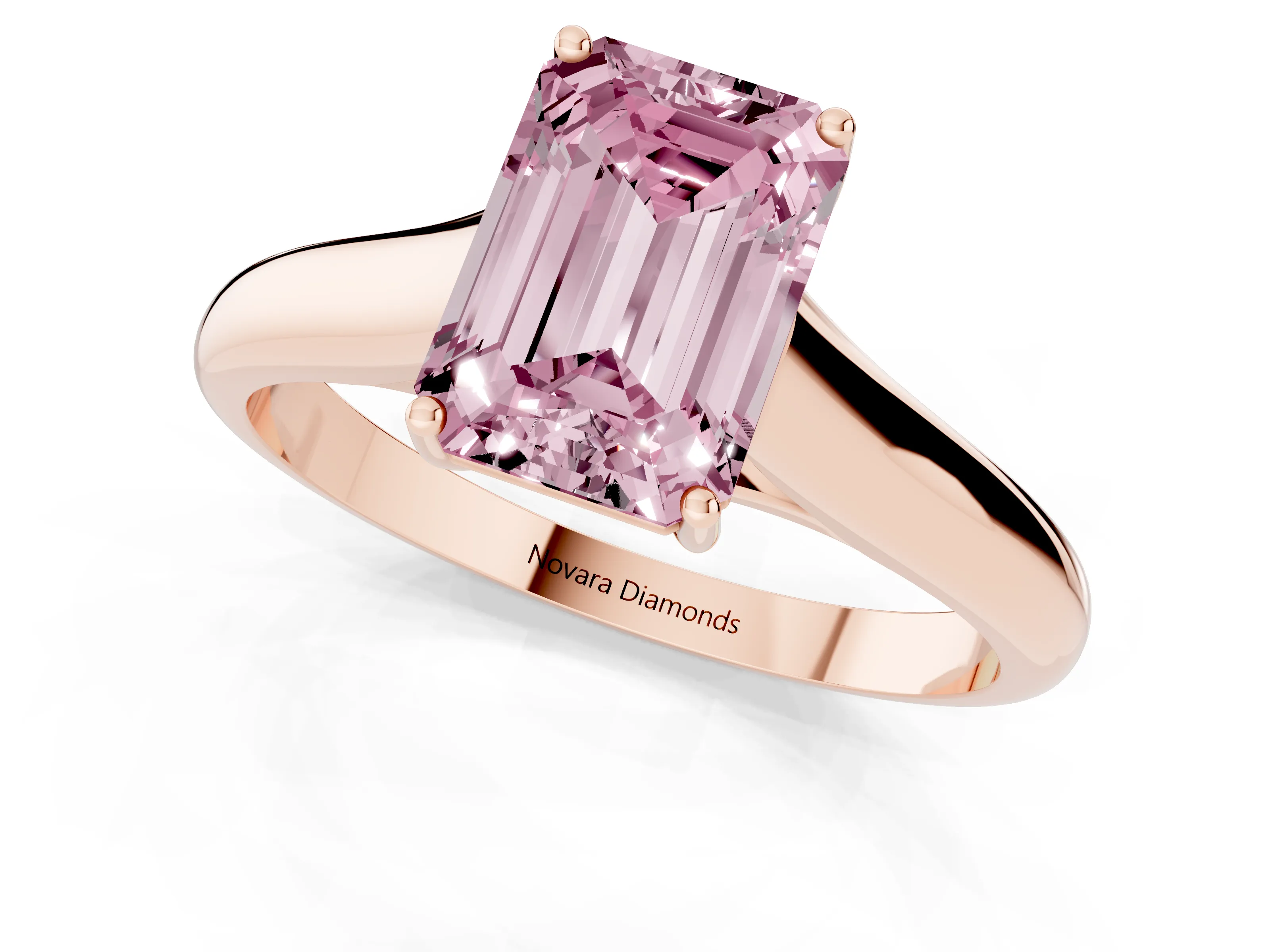 Fancy Pink Emerald Cut Diamond Solitaire Engagement Ring Set in Rose gold with Subtly Tapered Band and Prong Setting