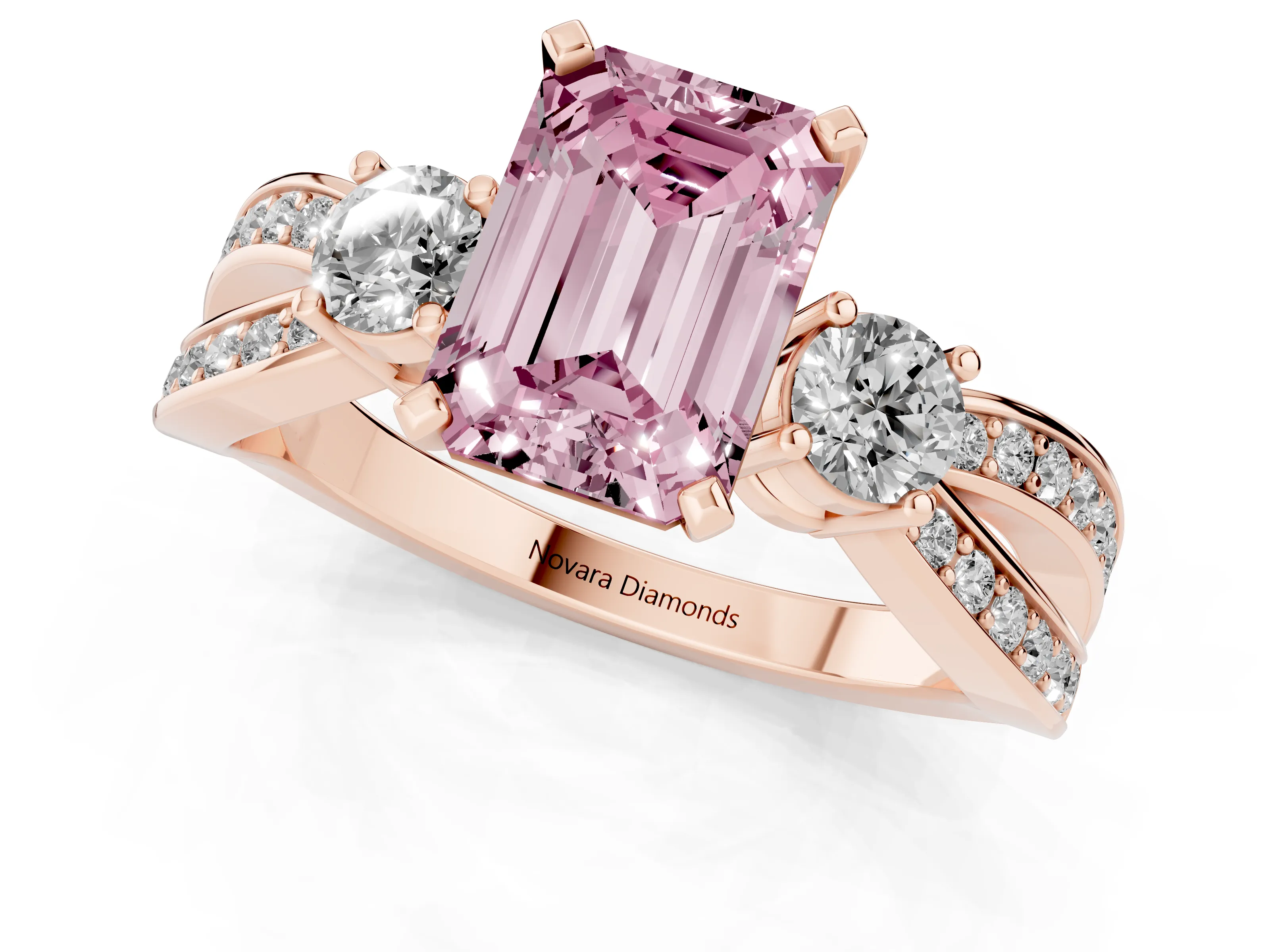 Fancy Pink Three-Stone Emerald Cut Diamond Twist Band Ring Set in Rose gold with Pavé Accents and Prong Setting