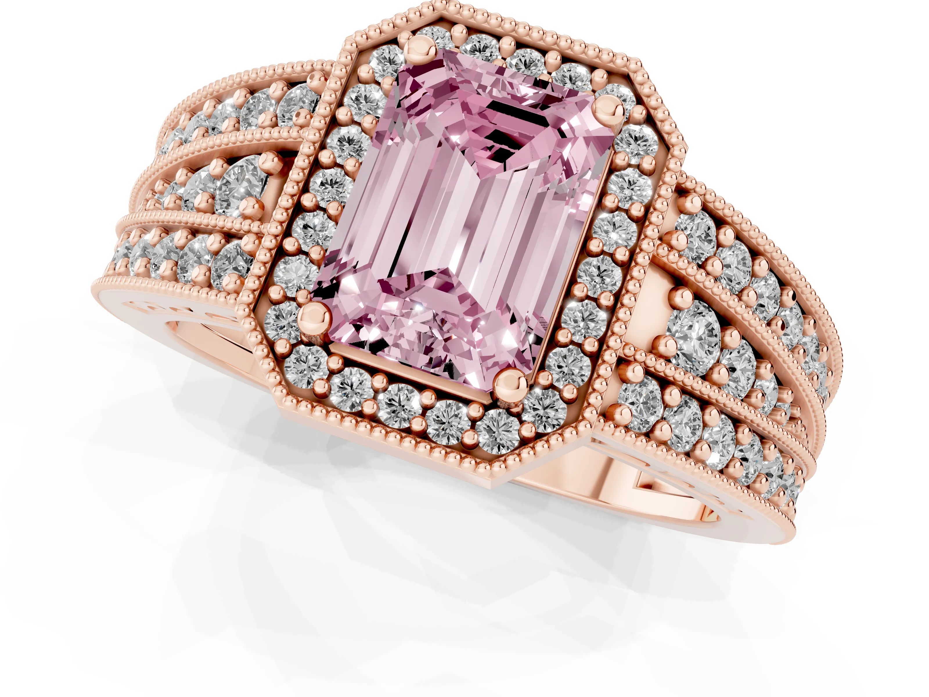 Fancy Pink Emerald Cut Diamond Halo Ring Set in Rose gold with Accent Split Shank and Prong Setting