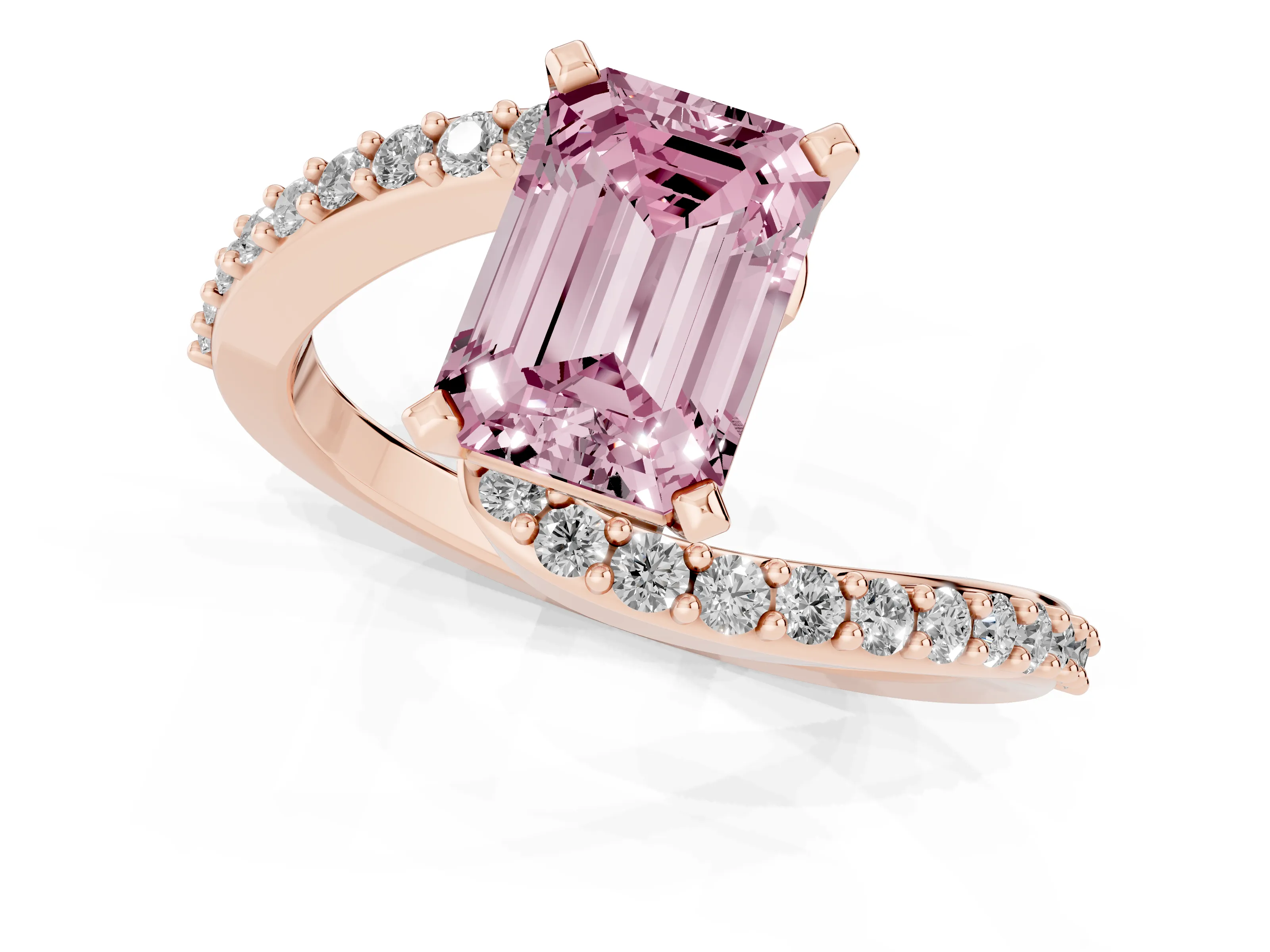 Fancy Pink Emerald Cut Diamond Solitaire Ring Set in Rose gold with Pavé Twist Band and Prong Setting