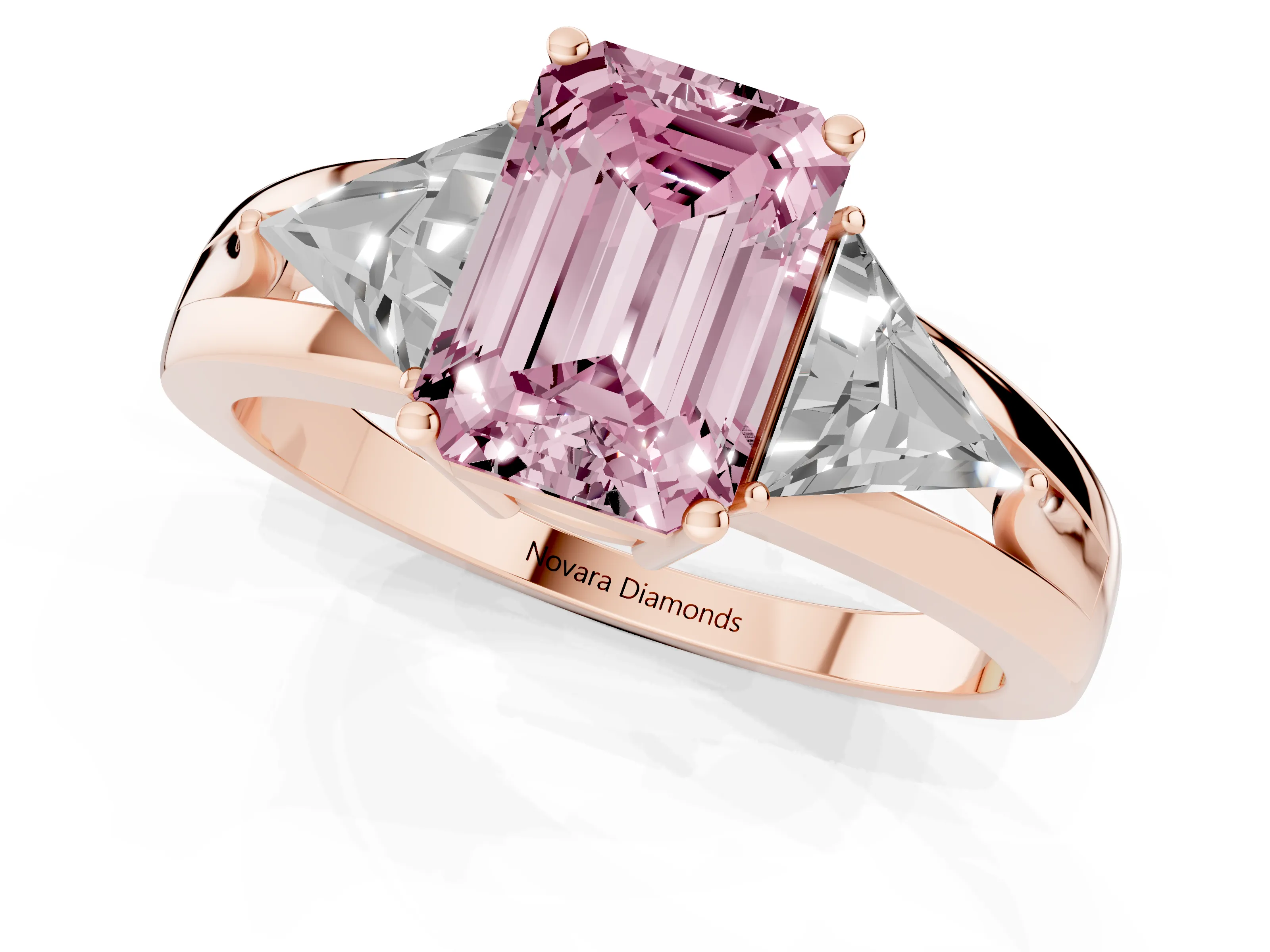 Fancy Pink Emerald Cut Diamond Three-Stone Ring Set in Rose gold with Trillion Side Stones and Split Shank