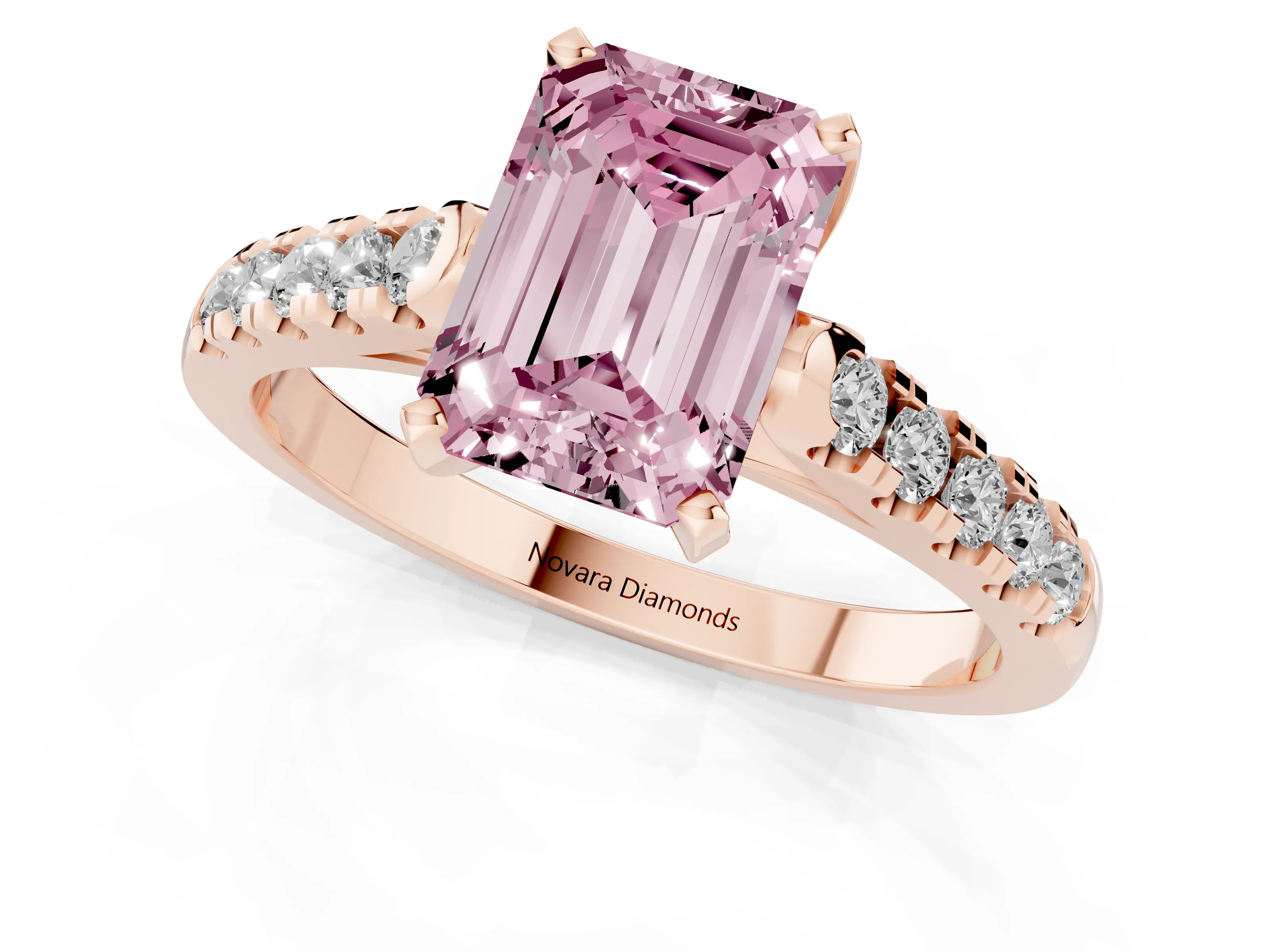 Fancy Pink Emerald Cut Diamond Pavé Band Solitaire Ring Set in Rose gold with Partway Accent Stones and Prong Setting