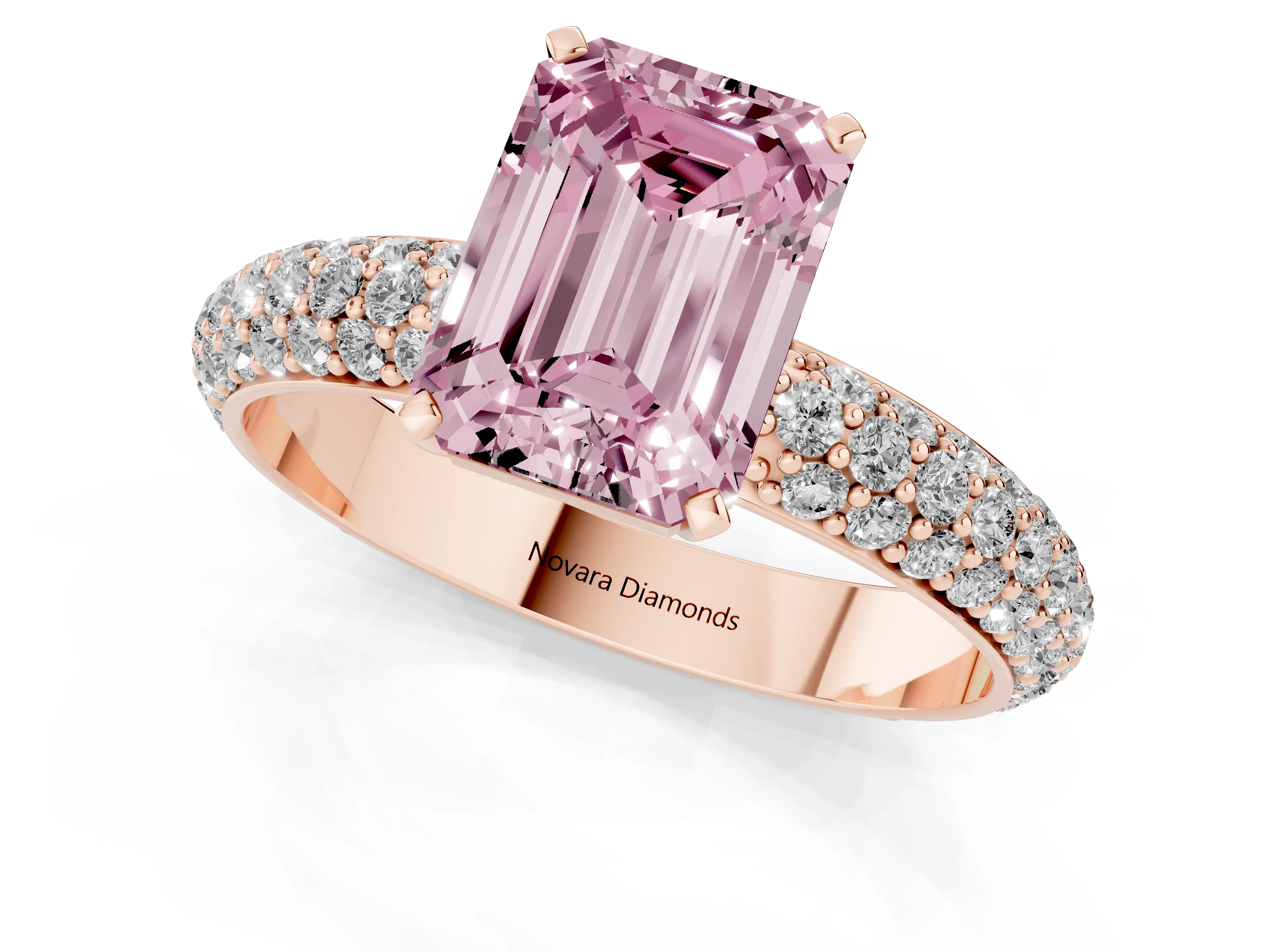 Fancy Pink Emerald Cut Diamond Solitaire Ring Set in Rose gold with Prong Setting and Pavé-Set Band