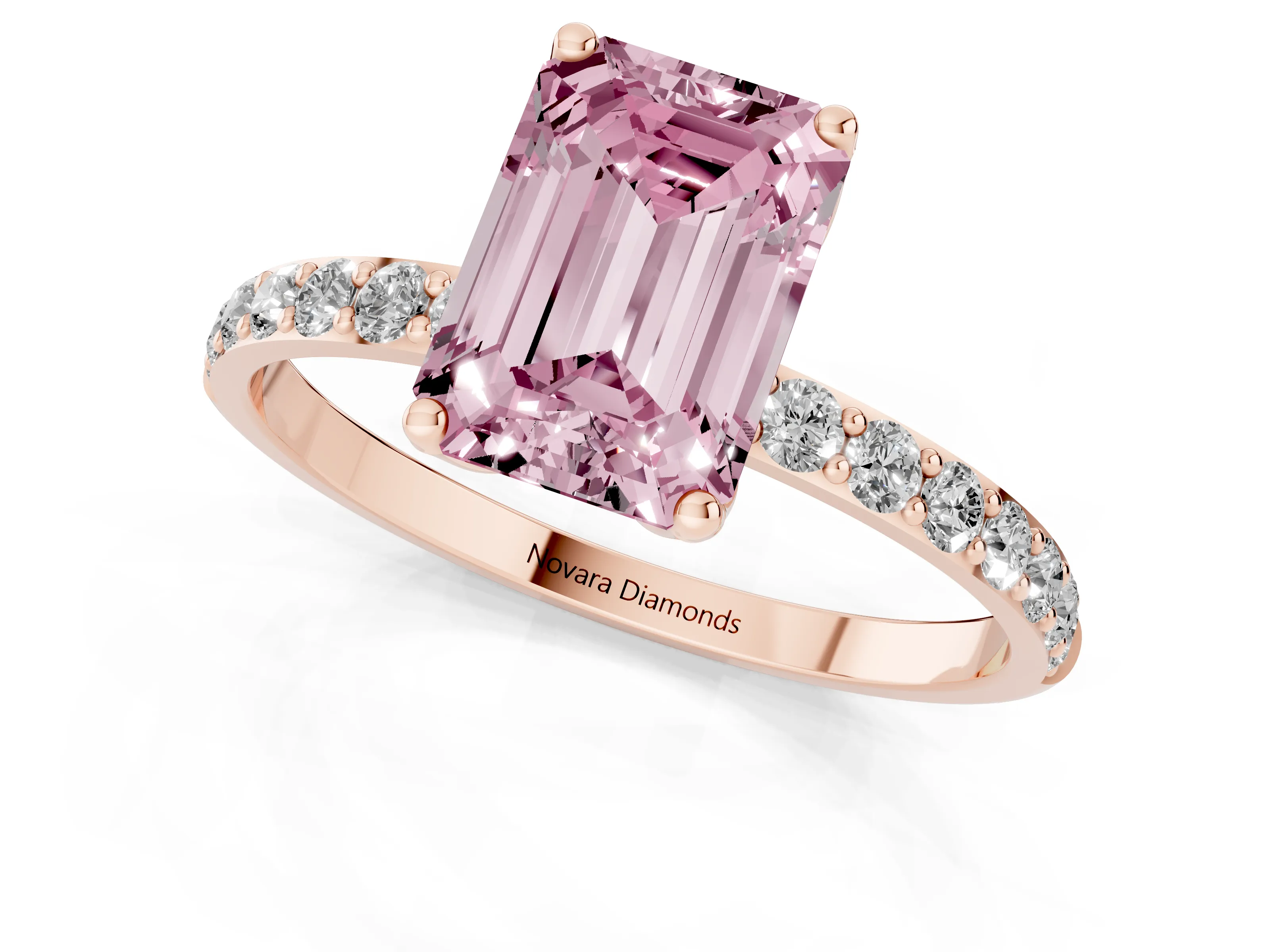 Fancy Pink Emerald Cut Diamond Solitaire Engagement Ring Set in Rose gold with Round Pavé Band and Prong Setting