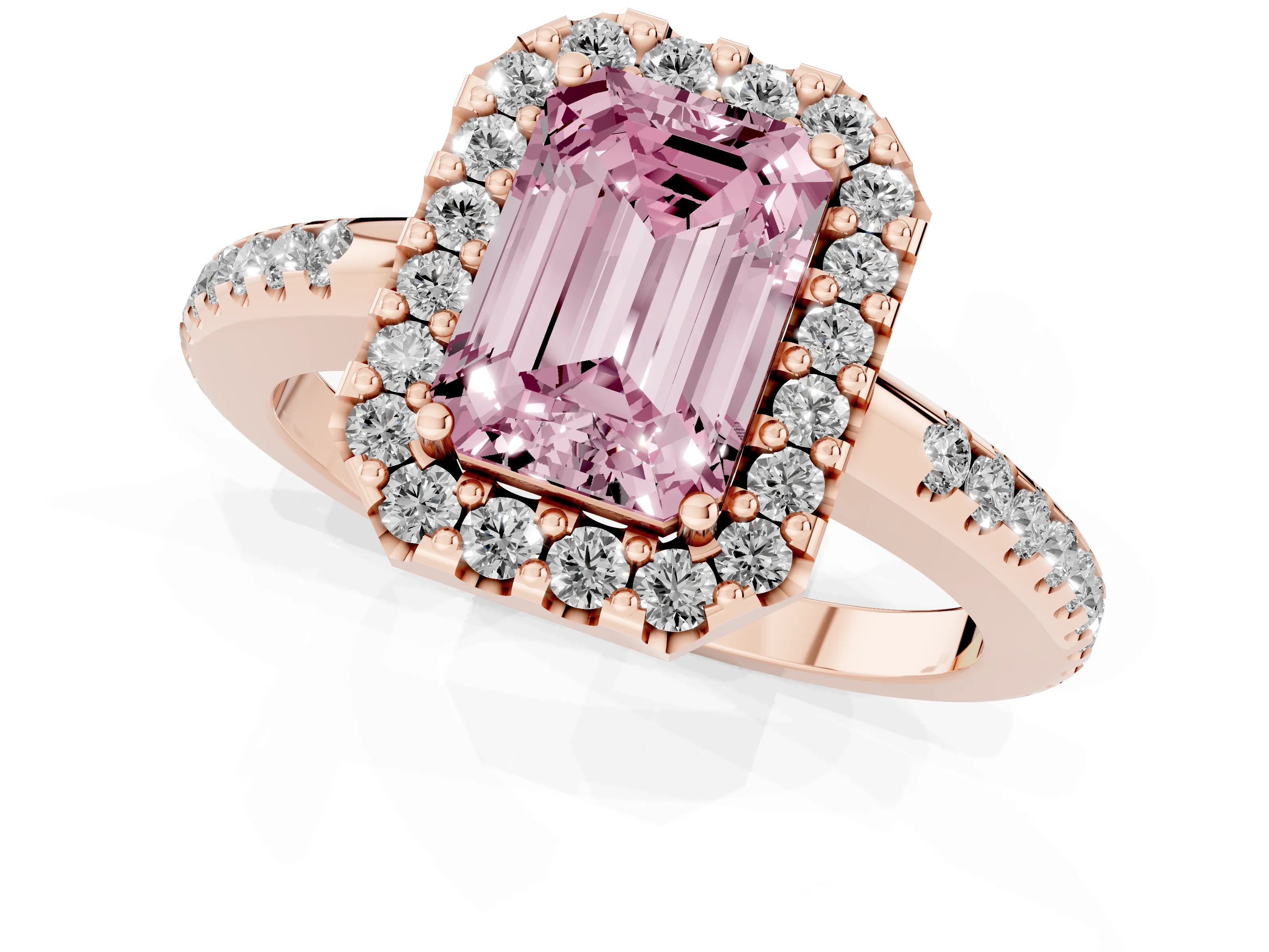 Fancy Pink Emerald Cut Diamond Pavé Halo Ring Set in Rose gold with Prong Setting