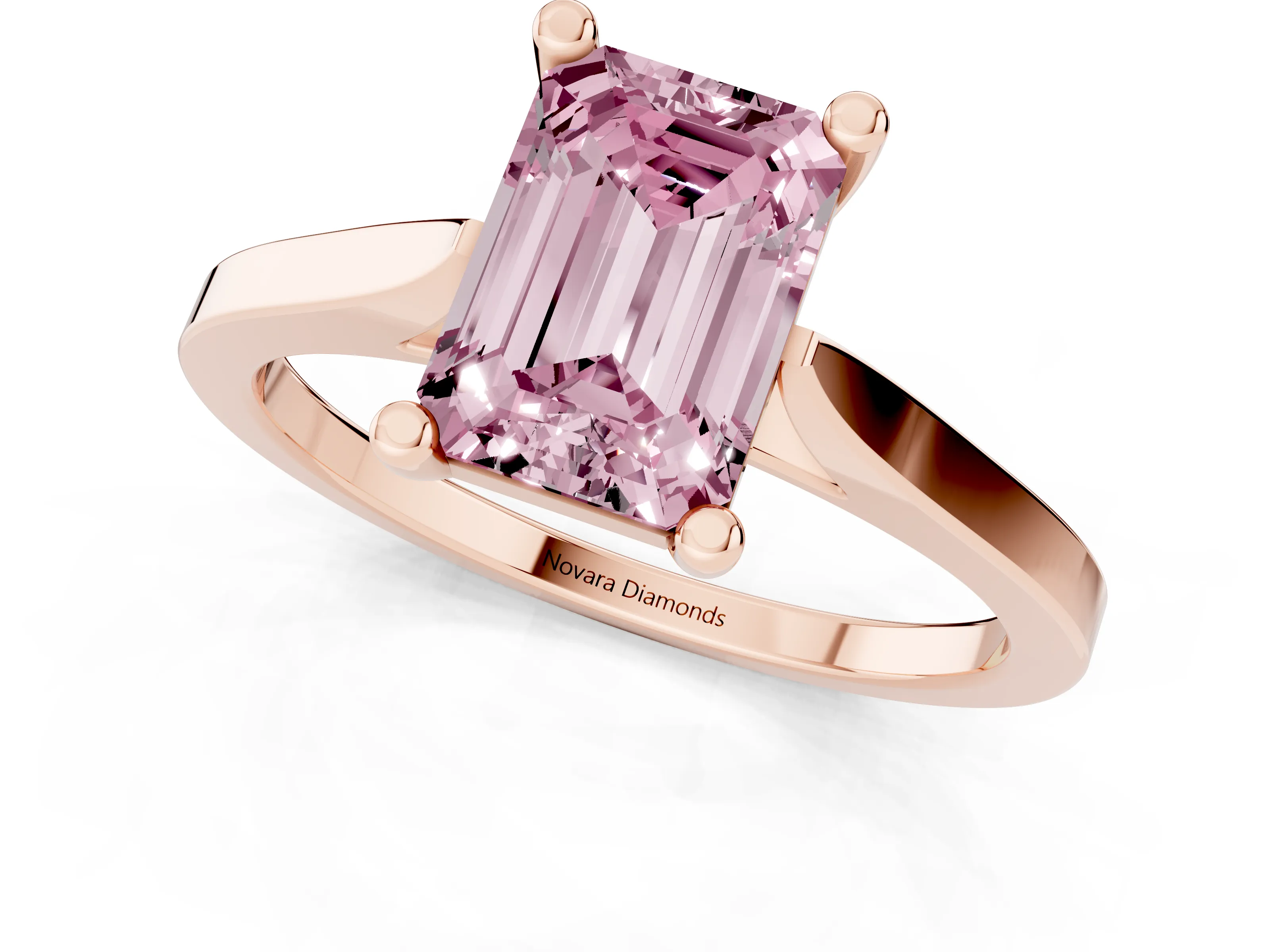 Fancy Pink Emerald Cut Diamond Solitaire Ring Set in Rose gold with Prong Setting and Tapered Band