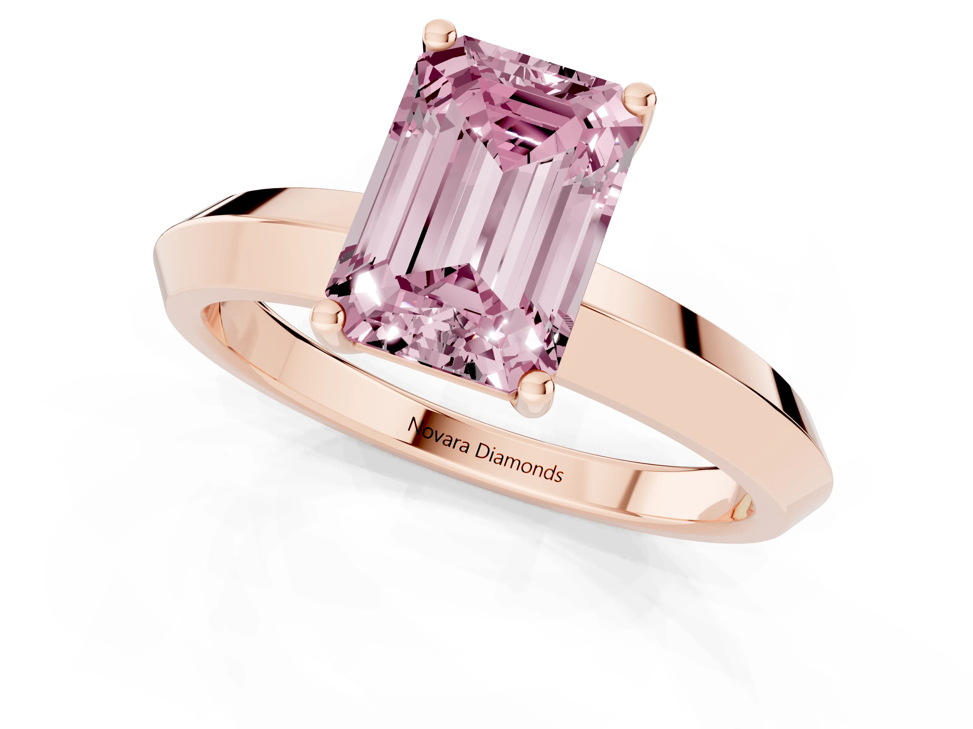 Fancy Pink Emerald Cut Diamond Solitaire Engagement Ring Set in Rose gold with Flat Band and Prong Setting