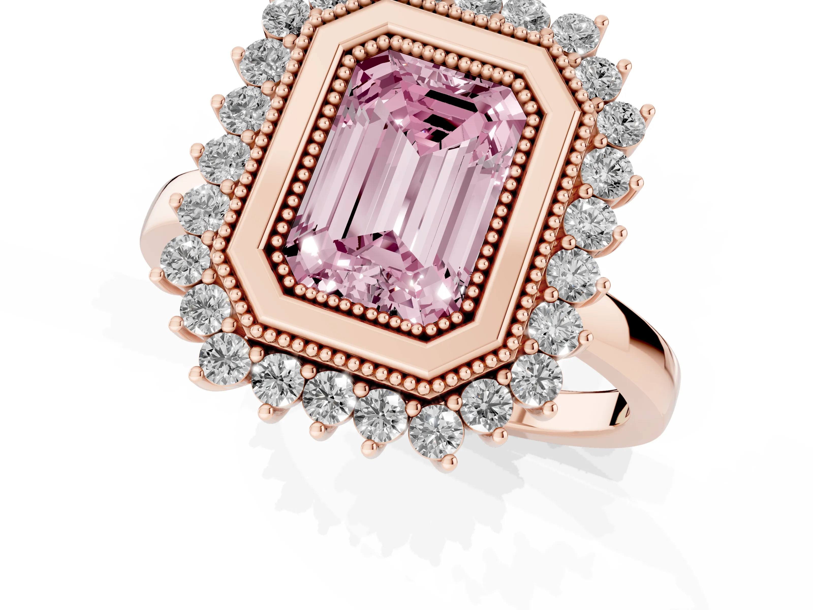 Fancy Pink Emerald Cut Diamond Halo Ring Set in Rose gold with Milgrain Edge and Round Prong Setting
