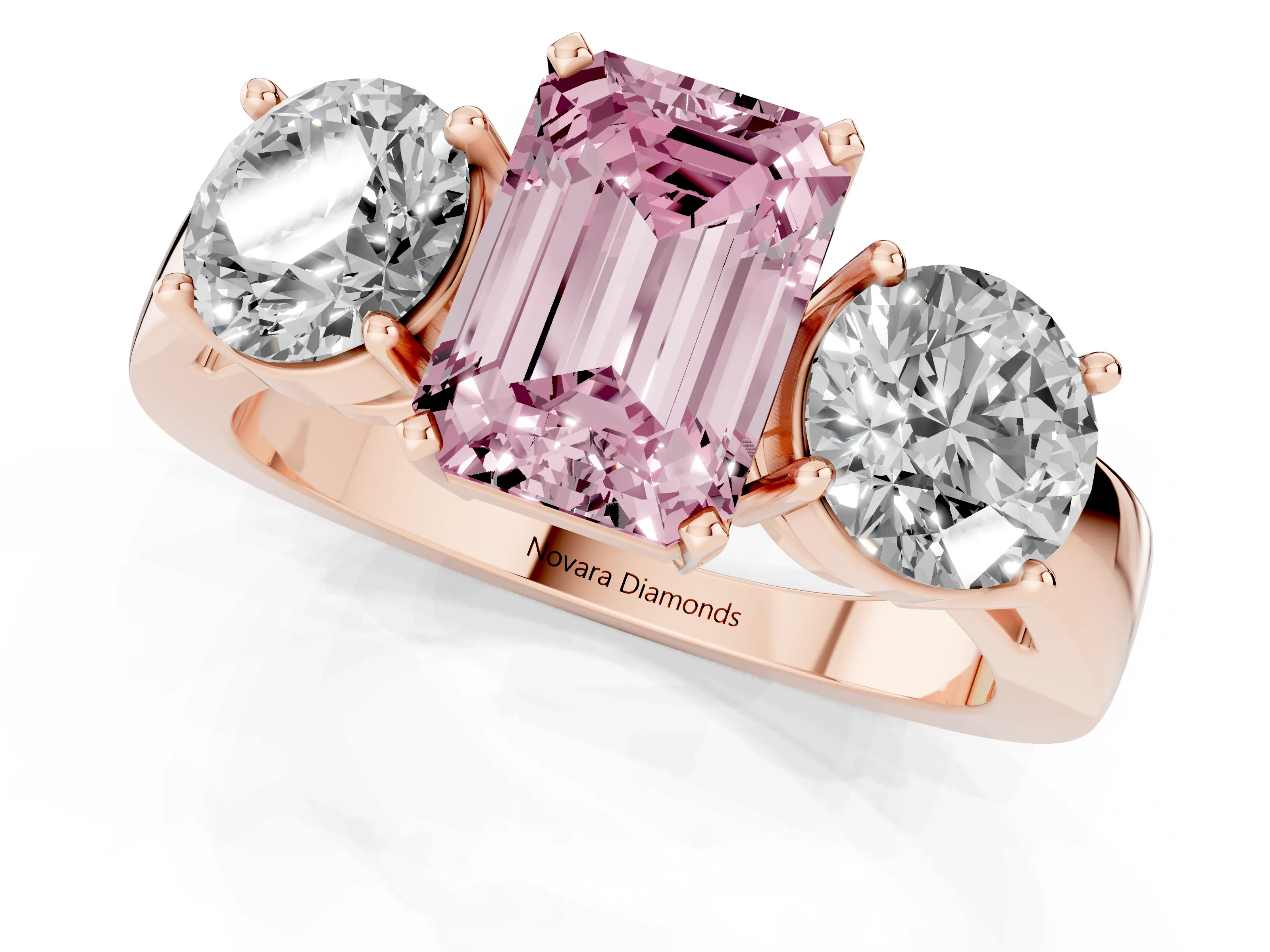 Fancy Pink Emerald Cut Diamond Three-Stone Ring Set in Rose gold with Round Side Stones and Classic Band