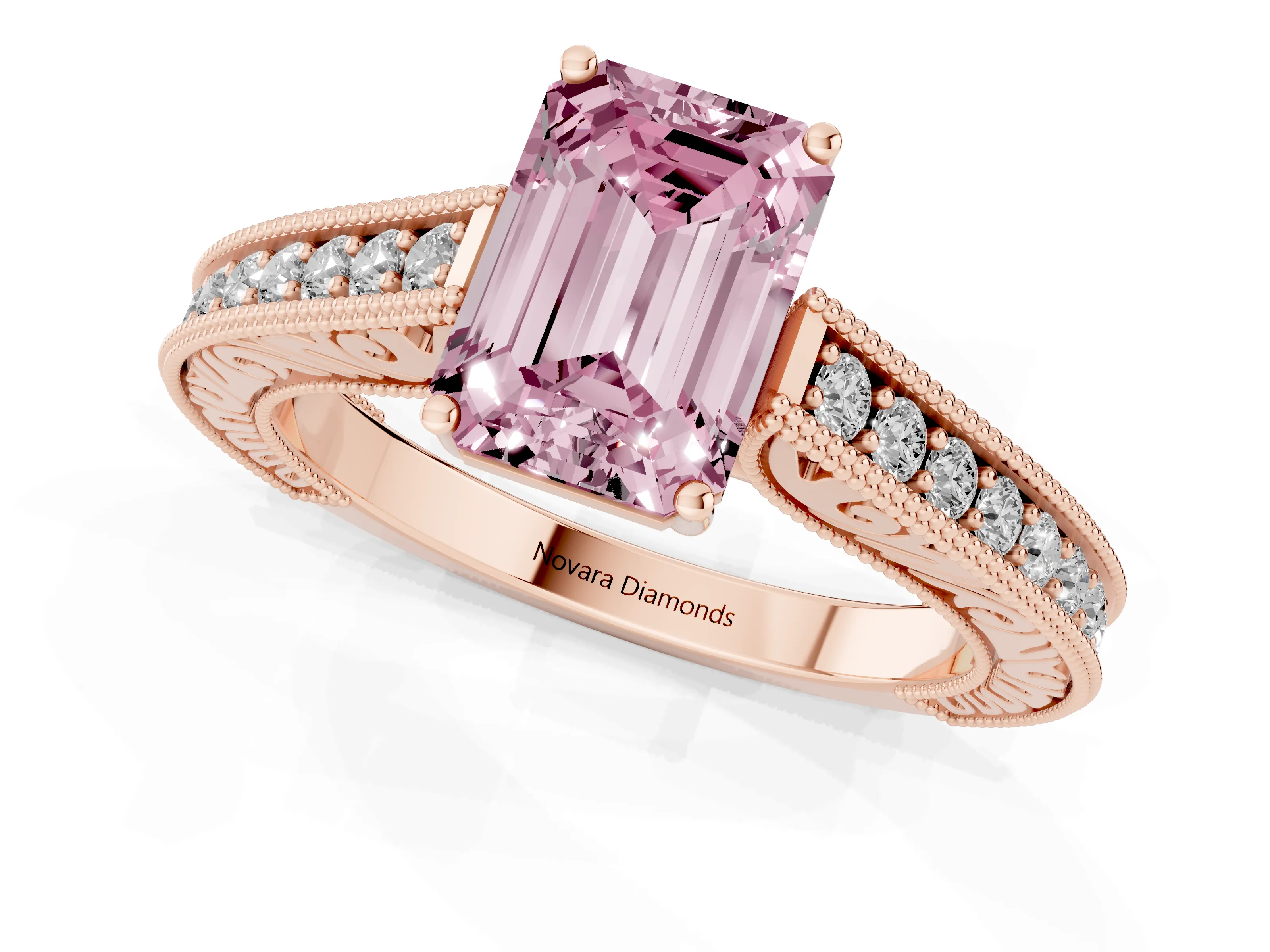 Fancy Pink Emerald Cut Diamond Milgrain Pavé Band Solitaire Ring Set in Rose gold with Prong Setting