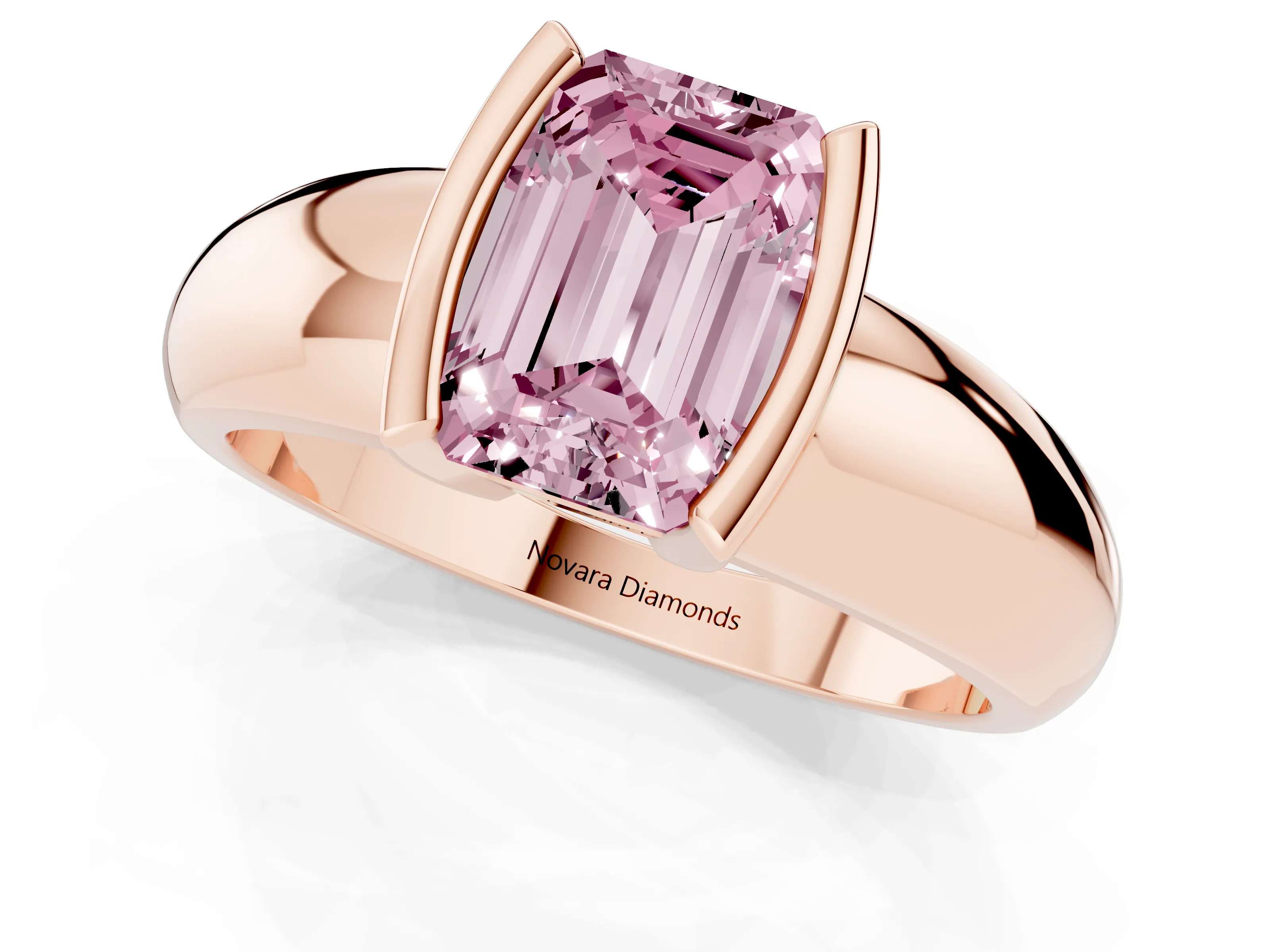 Fancy Pink Emerald Cut Diamond Solitaire Tension Set Ring Set in Rose gold with Wide Band