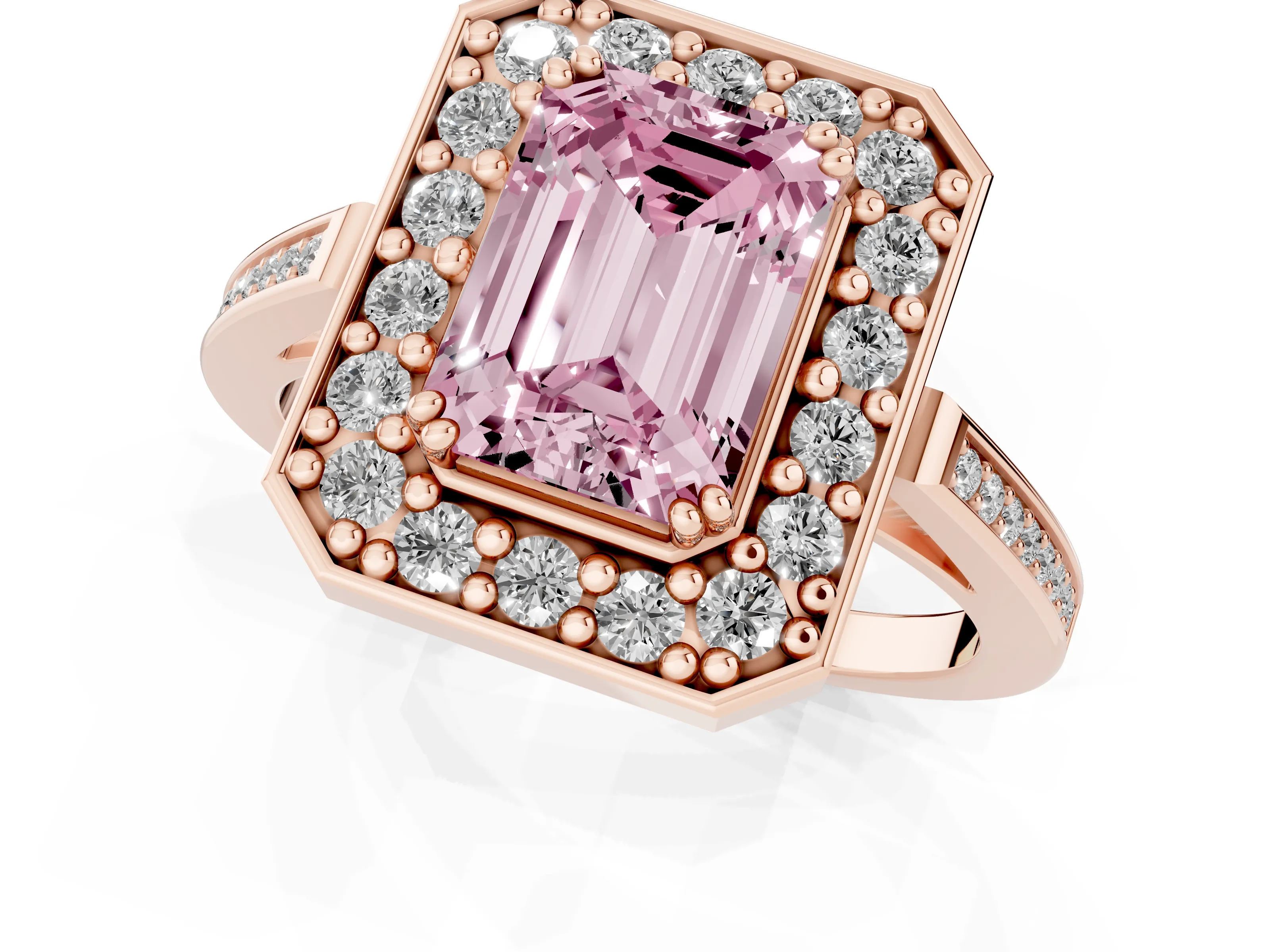 Fancy Pink Emerald Cut Diamond Halo Ring Set in Rose gold with Accent-Lined Split Shank and Prong Setting