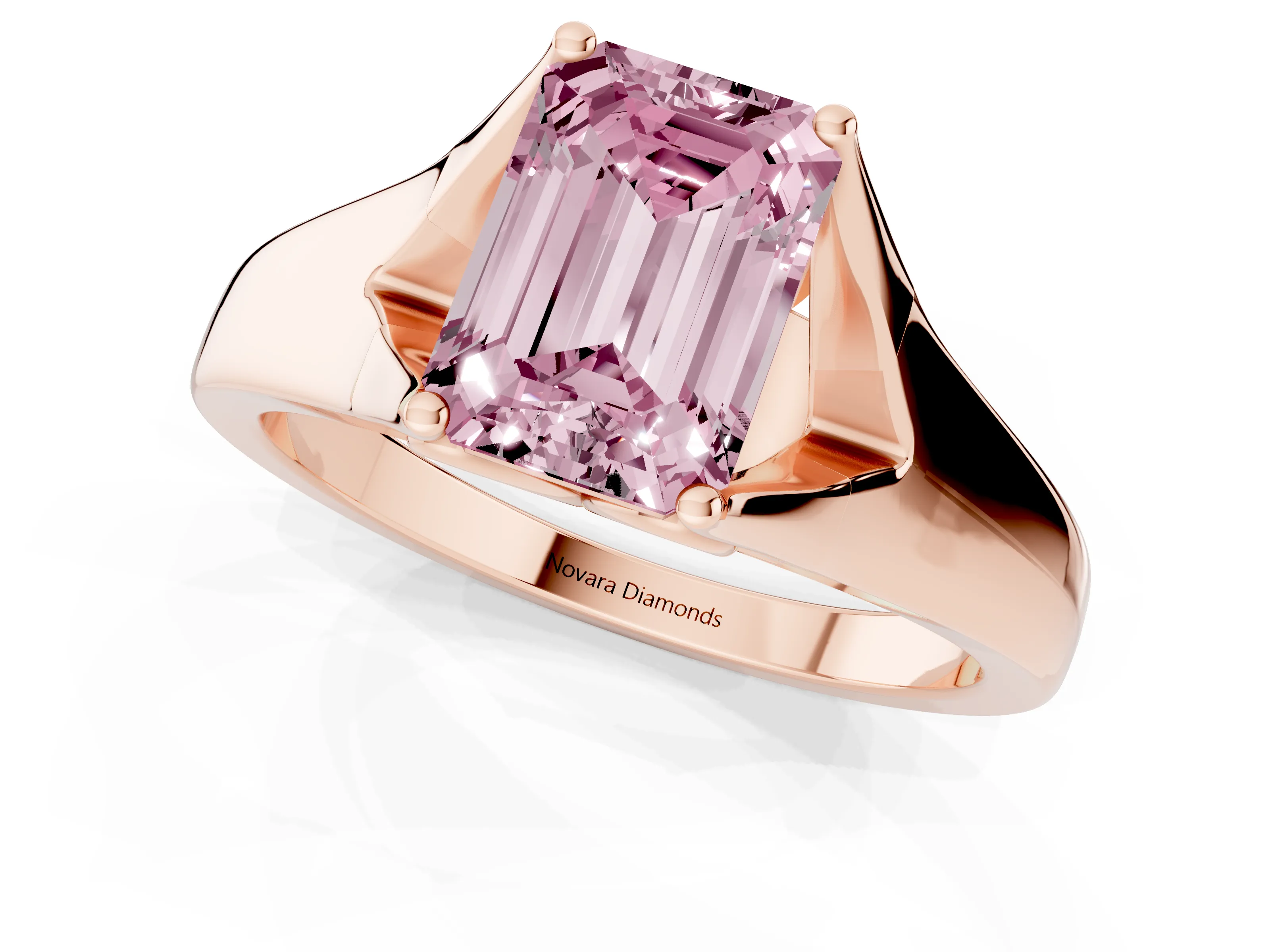 Fancy Pink Emerald Cut Diamond Solitaire Ring Set in Rose gold with Arched Cathedral Band and Prong Setting