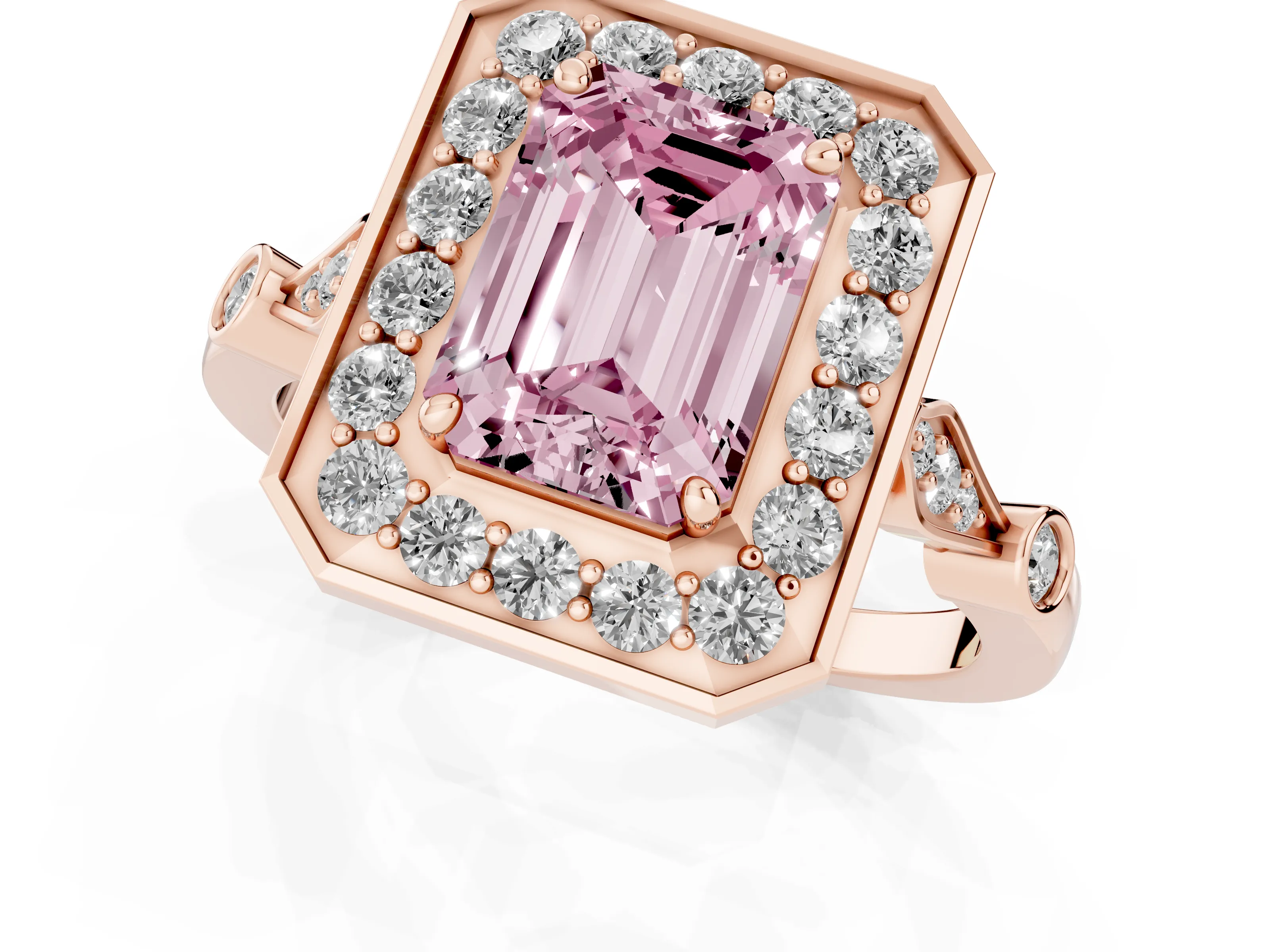 Fancy Pink Emerald Cut Diamond Halo Engagement Ring Set in Rose gold with Twisted Band and Prong Setting