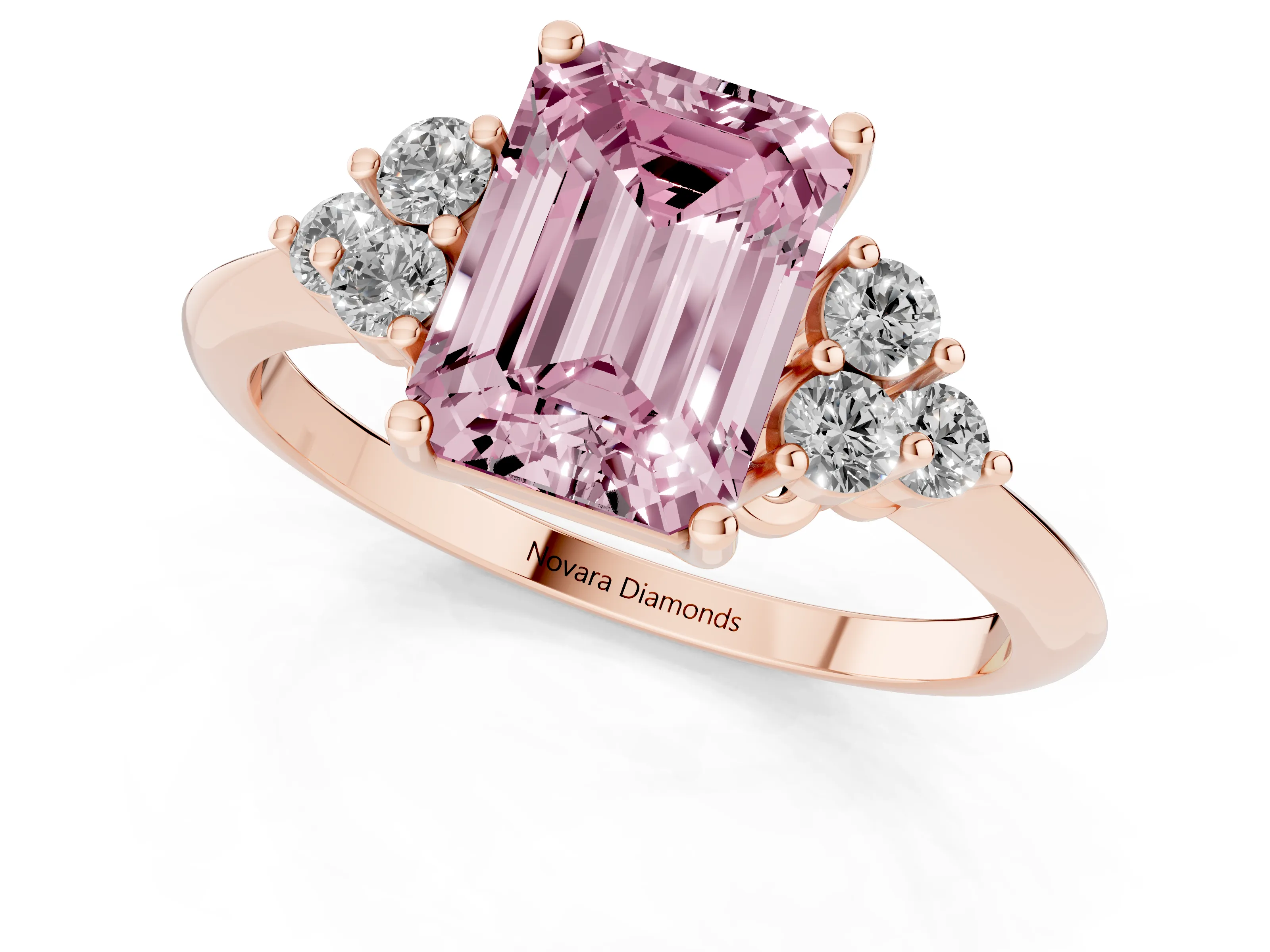Fancy Pink Emerald Cut Diamond Cluster Ring Set in Rose gold with Plain Band and Prong Setting