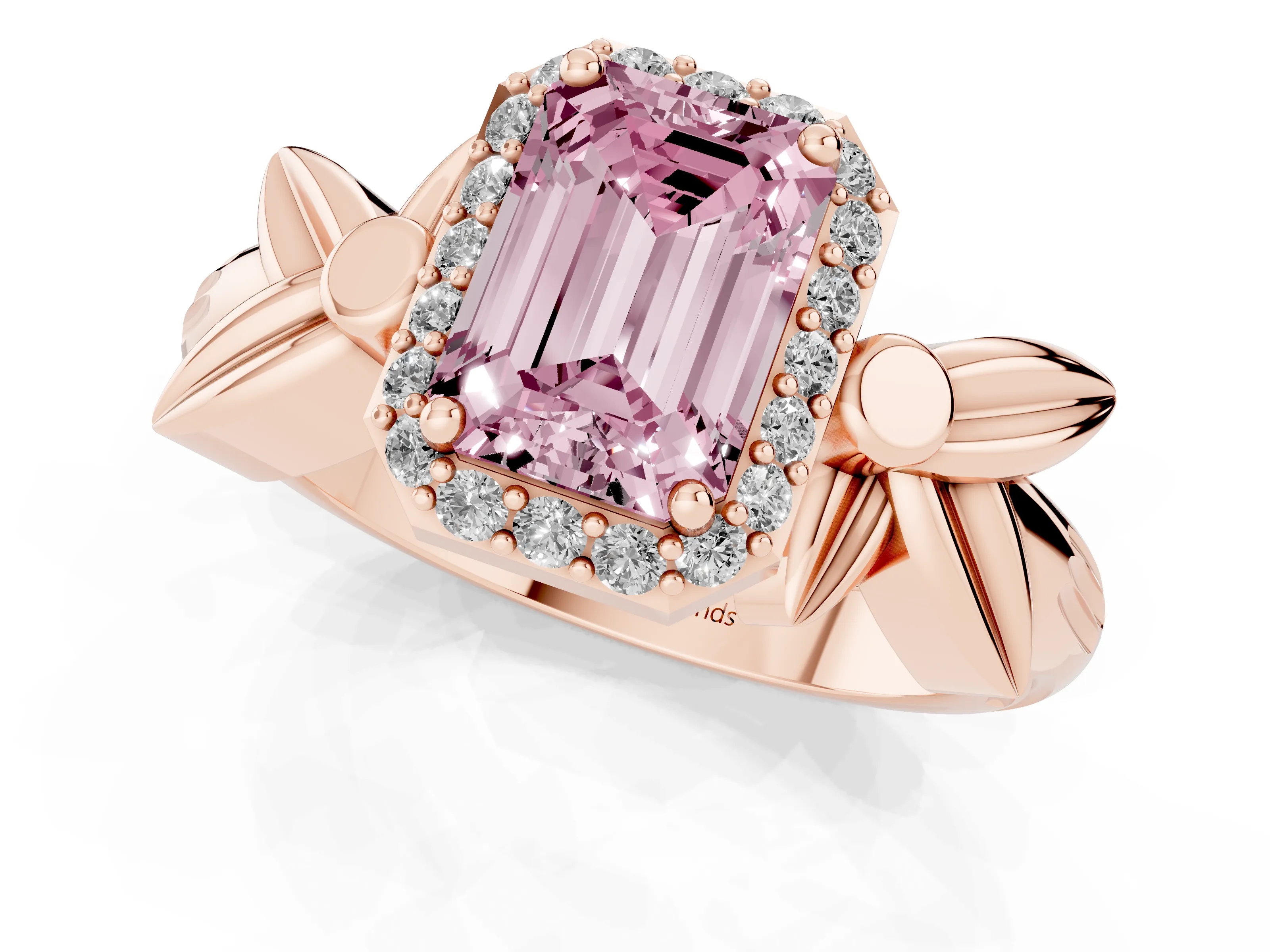 Fancy Pink Emerald Cut Diamond Halo Floral Band Ring Set in Rose gold with Prong Setting