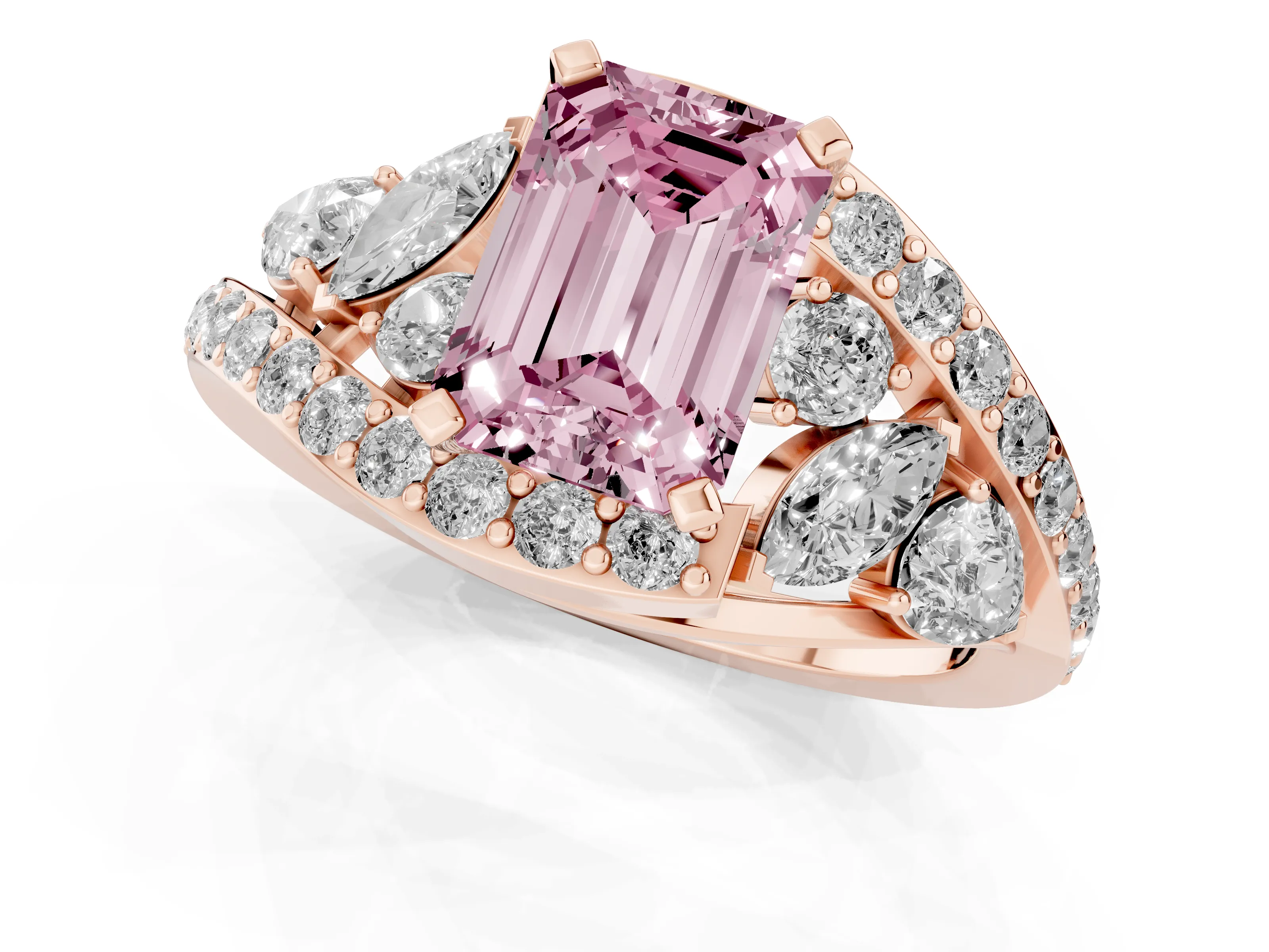Fancy Pink Emerald Cut Diamond Halo Ring Set in Rose gold with Marquise and Pavé Band in Prong Setting