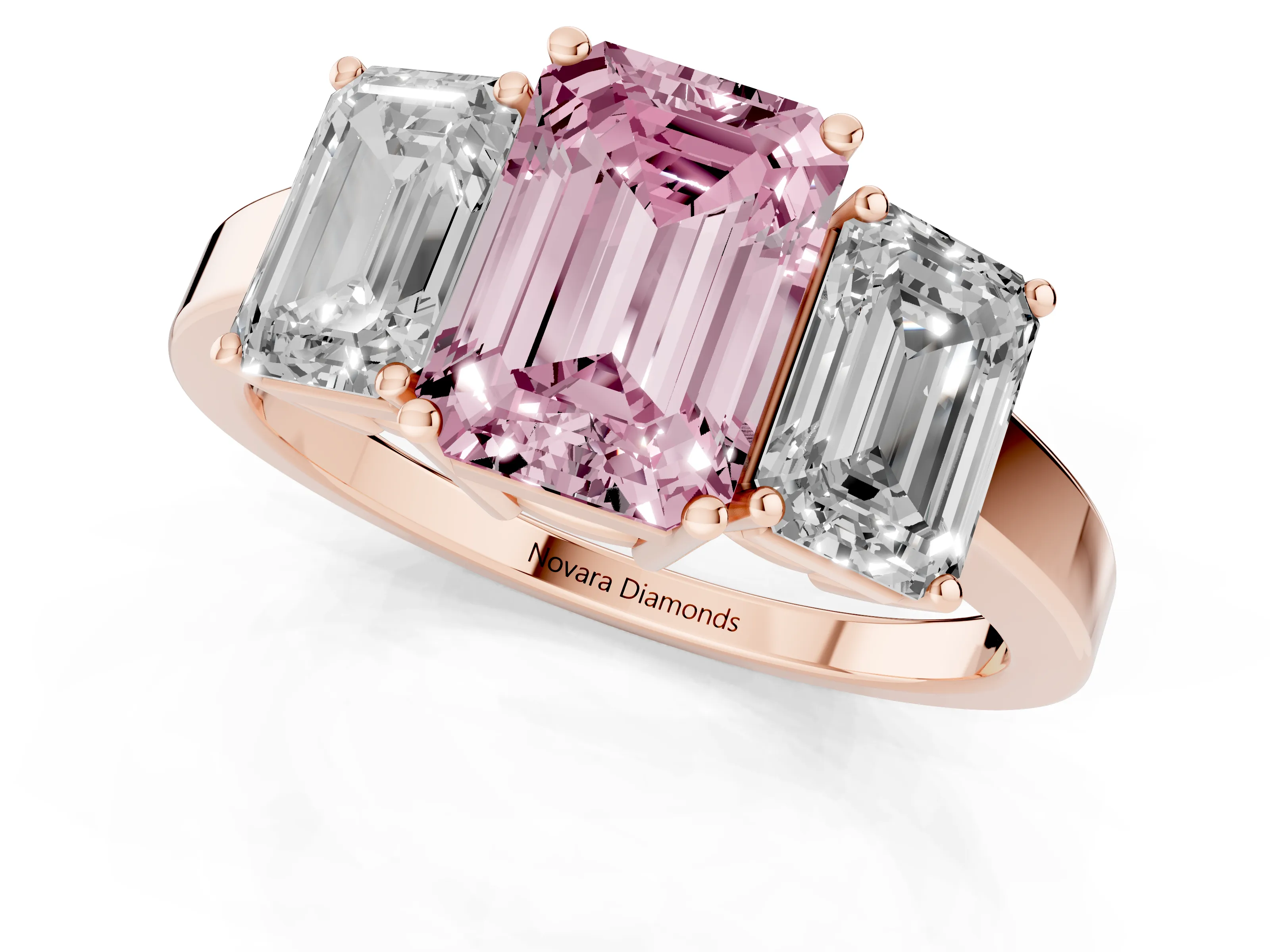 Fancy Pink Emerald Cut Diamond Three-Stone Engagement Ring Set in Rose gold with Flat Band