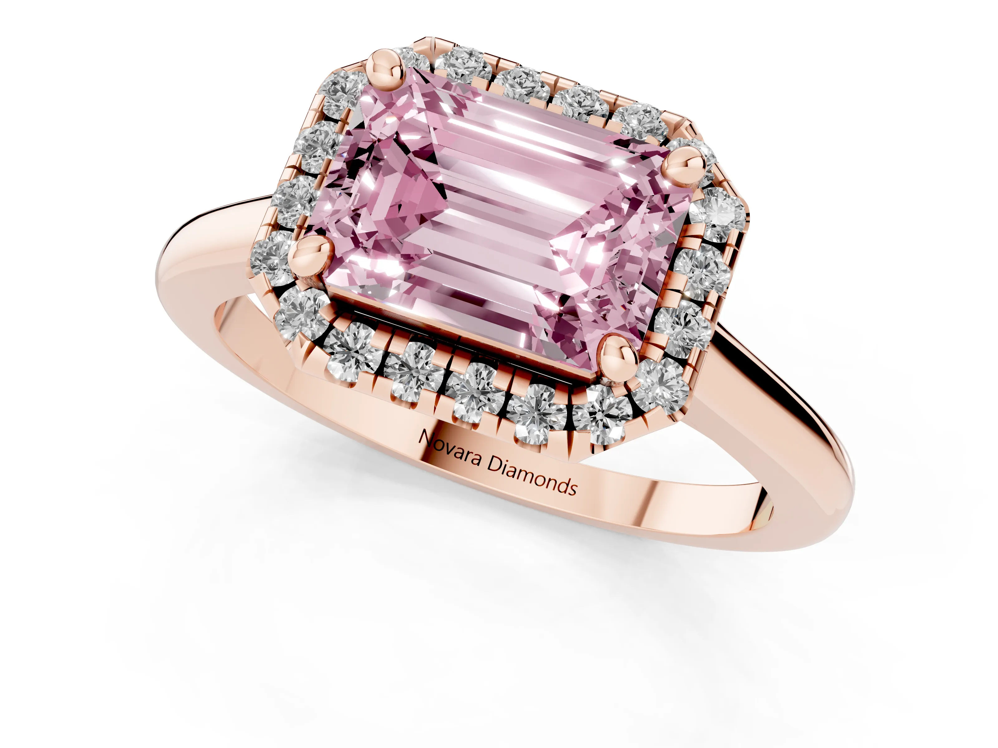 Fancy Pink Emerald Cut Diamond Halo Engagement Ring Set in Rose gold with Pavé Band and Rising Shoulders