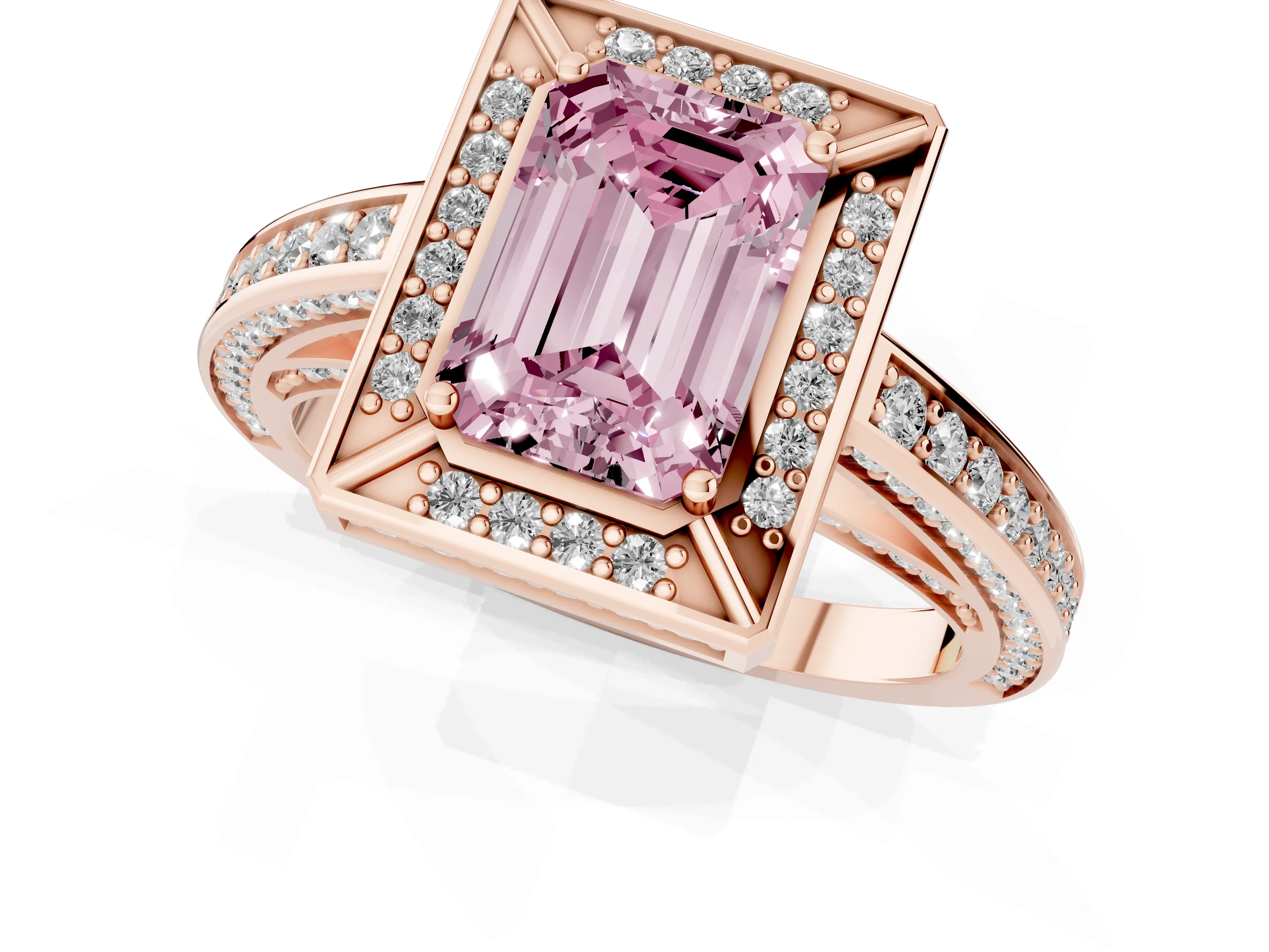 Fancy Pink Emerald Cut Diamond Halo Pavé Split Shank Ring Set in Rose gold with Prong Setting