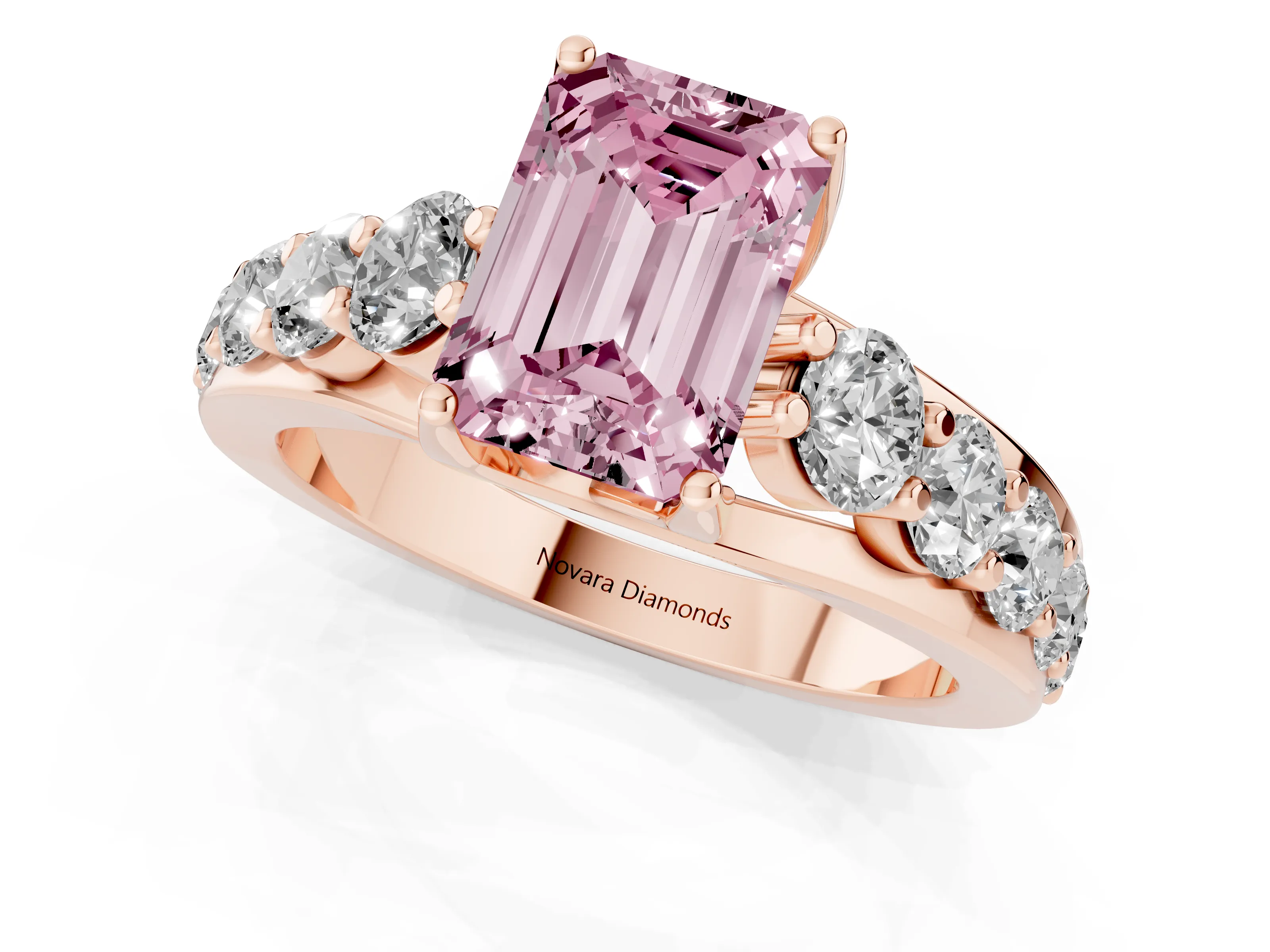 Fancy Pink Emerald Cut Diamond Pavé Engagement Ring Set in Rose gold with Prong Setting