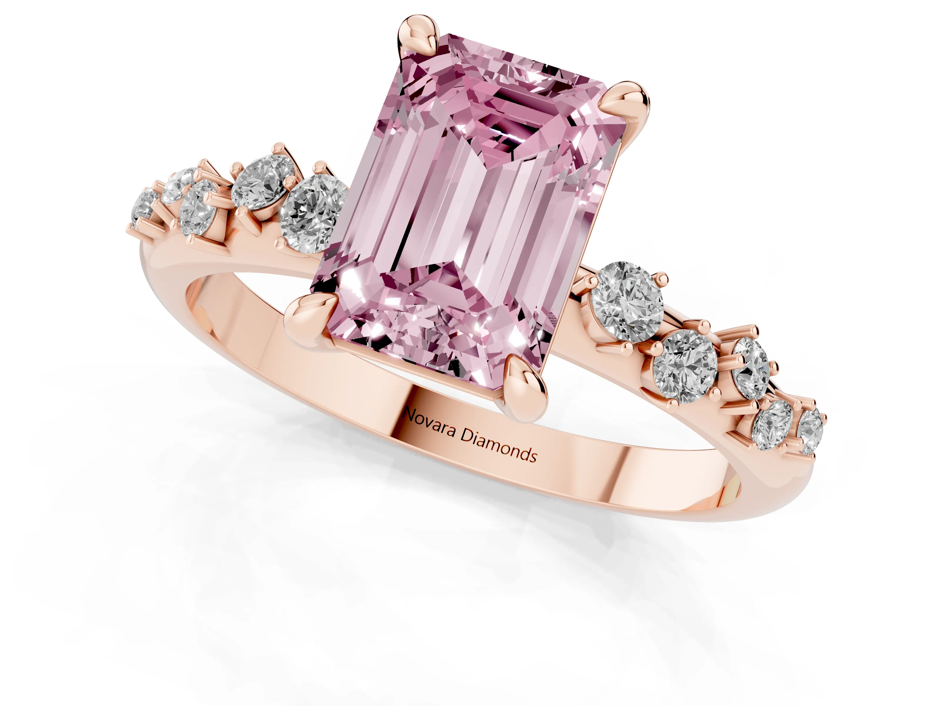 Fancy Pink Emerald Cut Diamond Solitaire Vine Band Ring Set in Rose gold with Round Accents and Prong Setting – second view