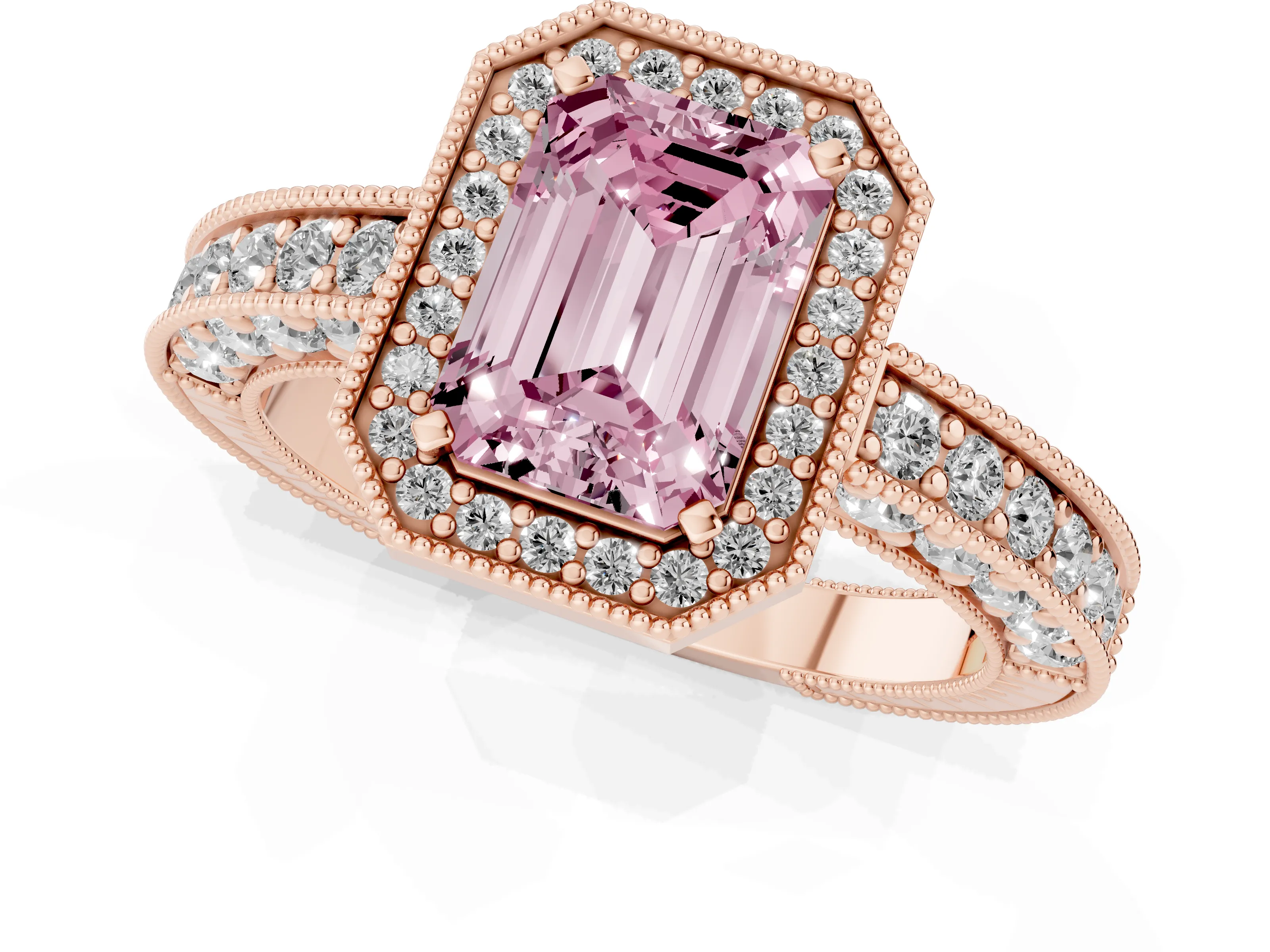 Fancy Pink Emerald Cut Diamond Halo Pavé Band Ring Set in Rose gold with Prong-Set Center