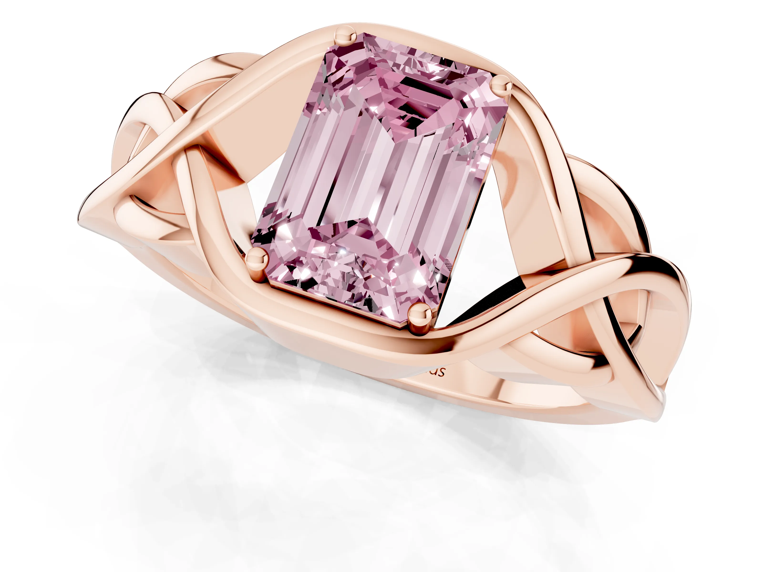 Fancy Pink Emerald Cut Diamond Solitaire Ring Set in Rose gold with Intertwined Band