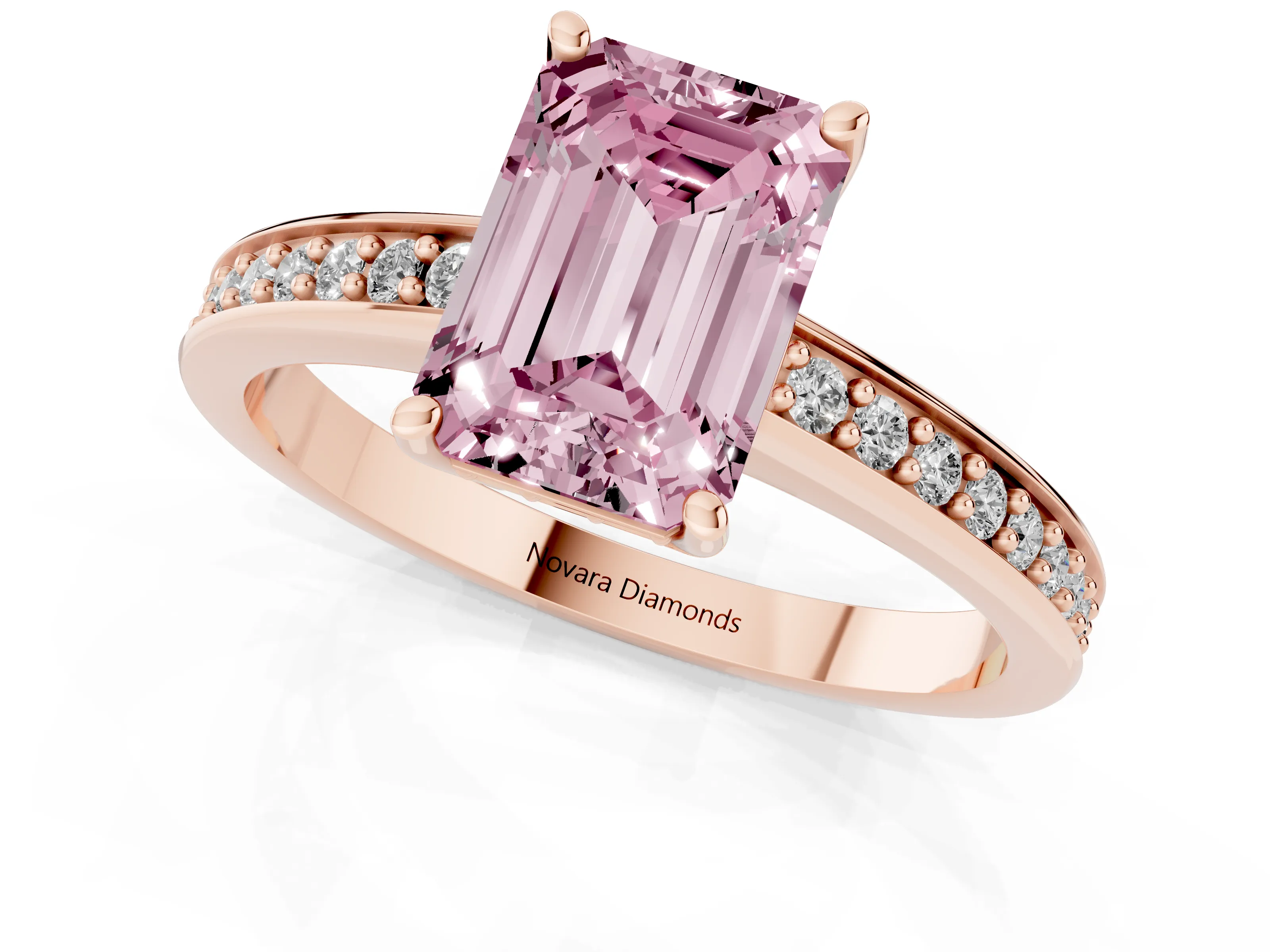 Fancy Pink Emerald Cut Diamond Pavé Band Prong Set Solitaire Ring Set in Rose gold