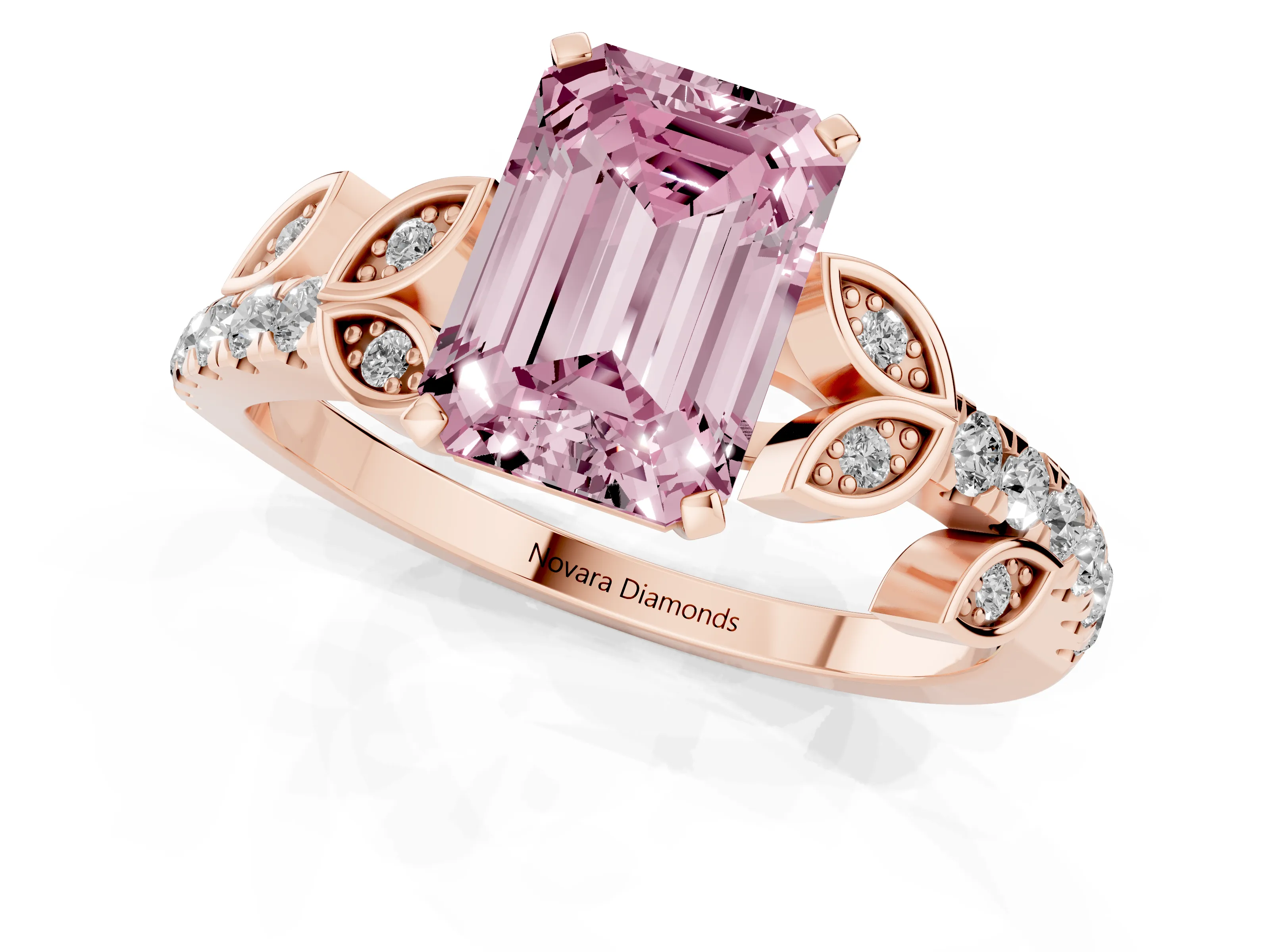 Fancy Pink Emerald Cut Diamond Solitaire Leaf-Inspired Ring Set in Rose gold with Pavé Band and Prong Setting