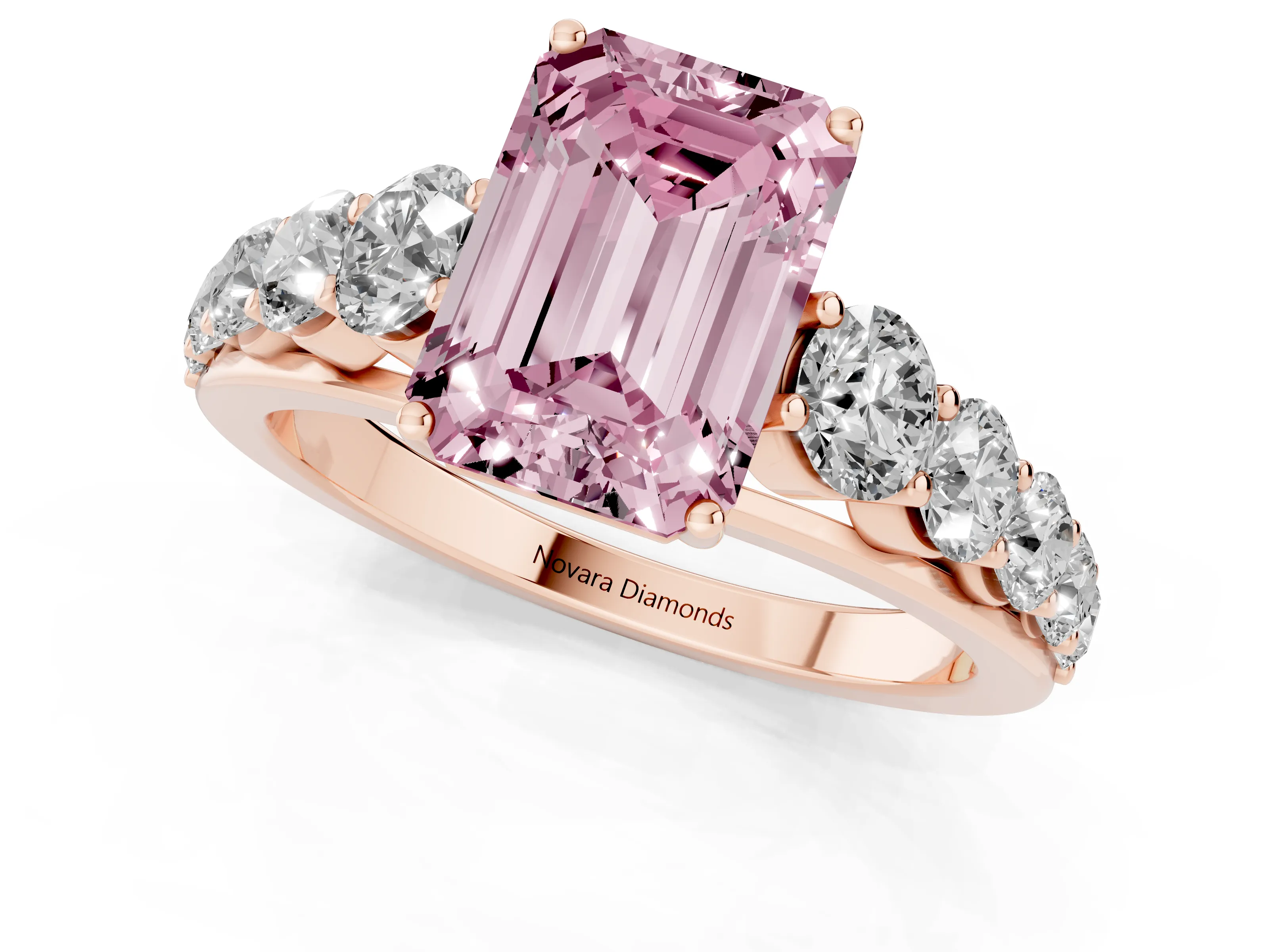 Fancy Pink Emerald Cut Diamond Solitaire Ring Set in Rose gold with Pavé-Set Band and Prong Setting