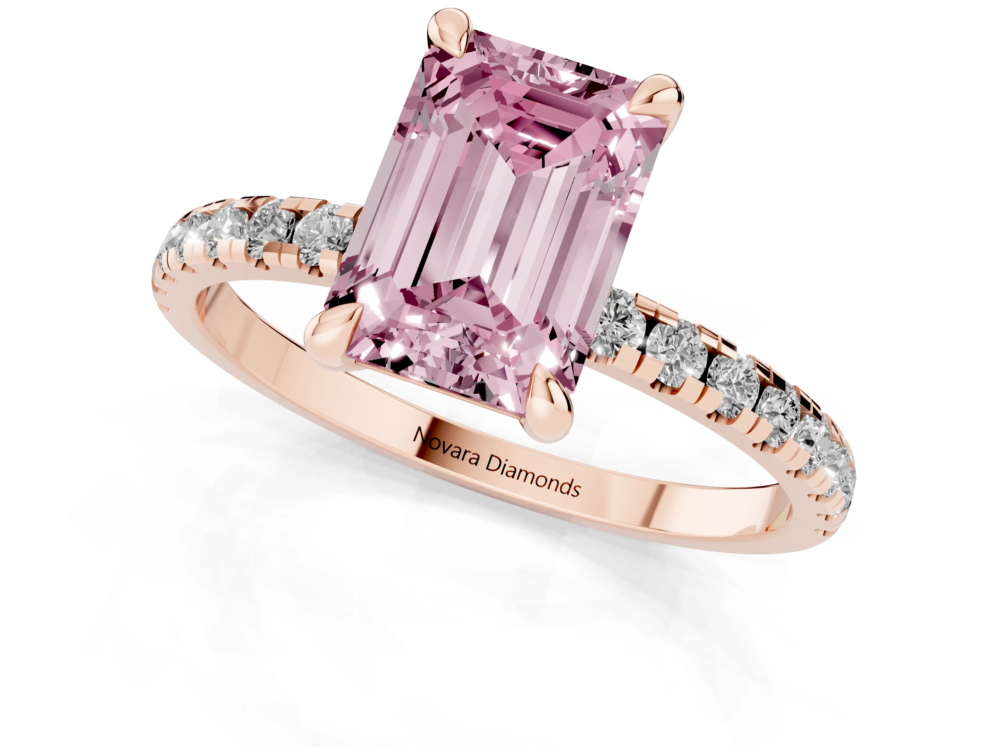 Fancy Pink Emerald Cut Diamond Brilliant Solitaire Ring Set in Rose gold with Pavé Band and Prong Setting