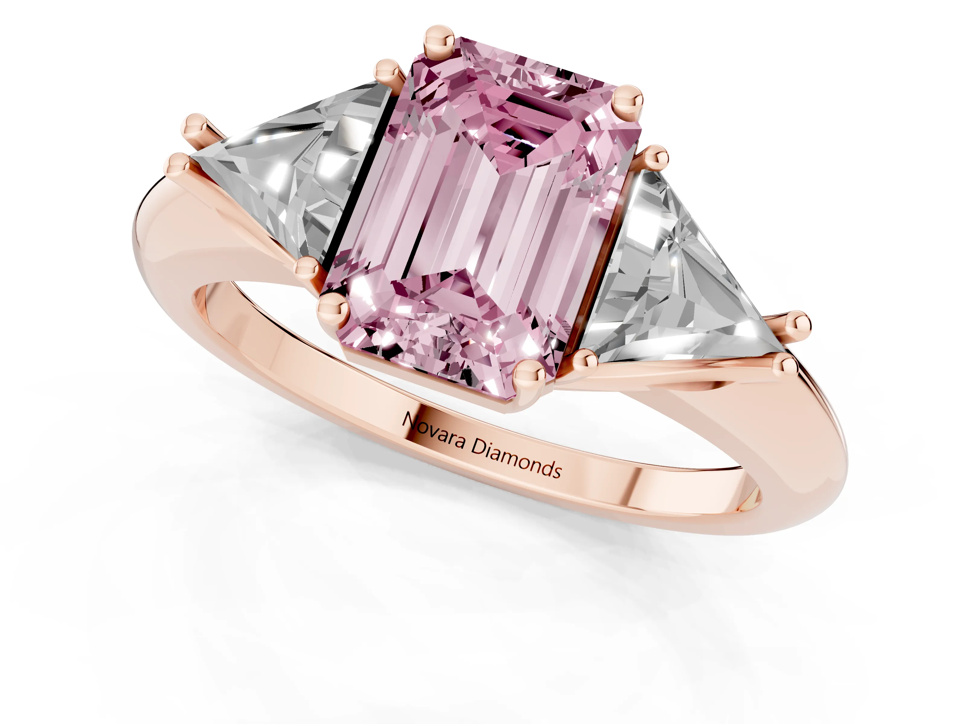Fancy Pink Emerald Cut Diamond Three-Stone Engagement Ring Set in Rose gold with Trillion Side Stones