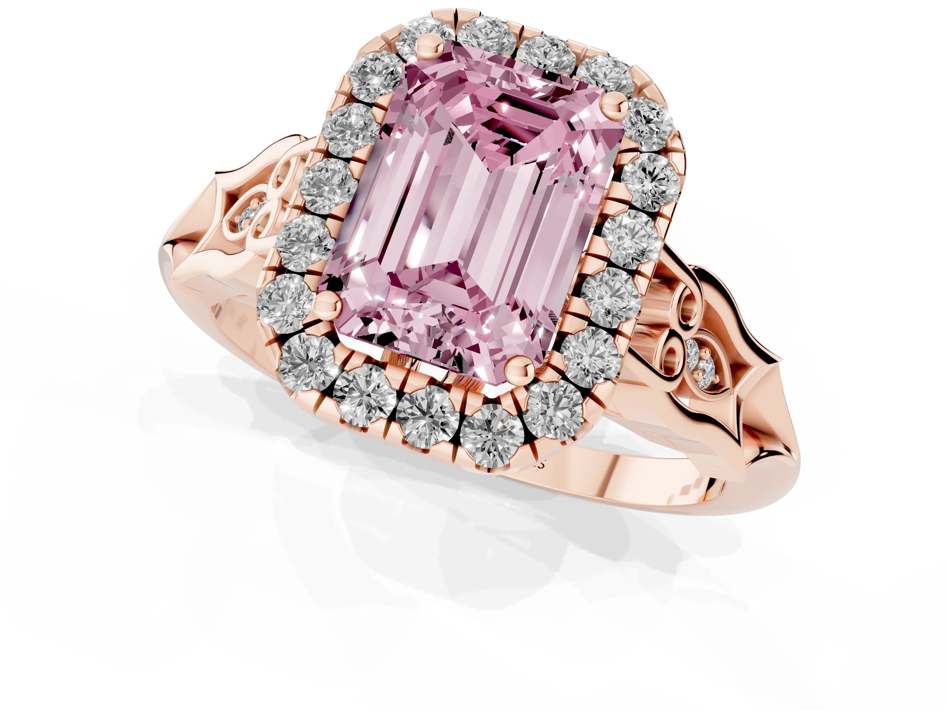 Fancy Pink Emerald Cut Diamond Halo Engagement Ring Set in Rose gold with Filigree Band and Prong-Set Center