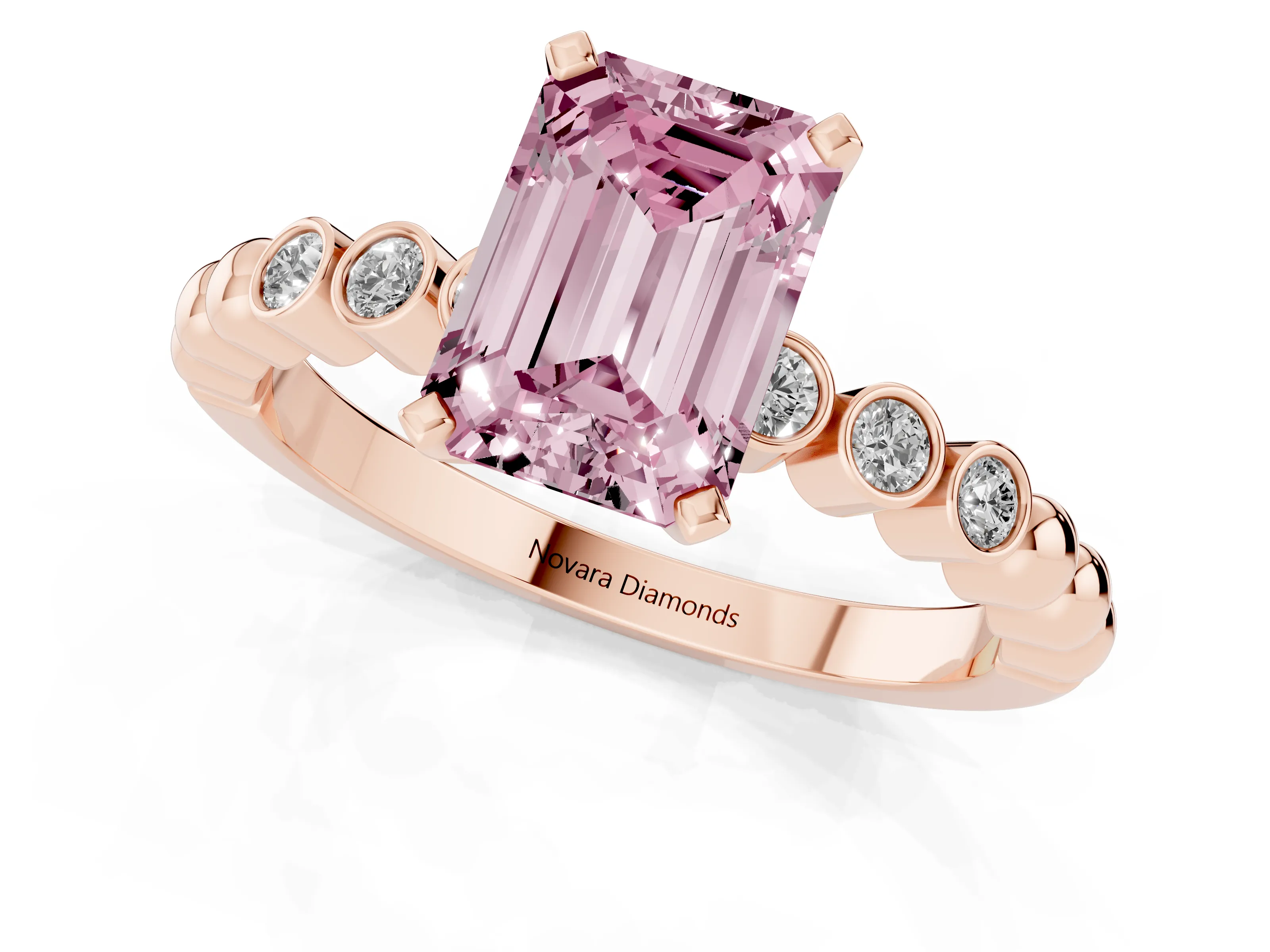 Fancy Pink Emerald Cut Diamond Solitaire Engagement Ring Set in Rose gold with Bezel Accents on Beaded Band