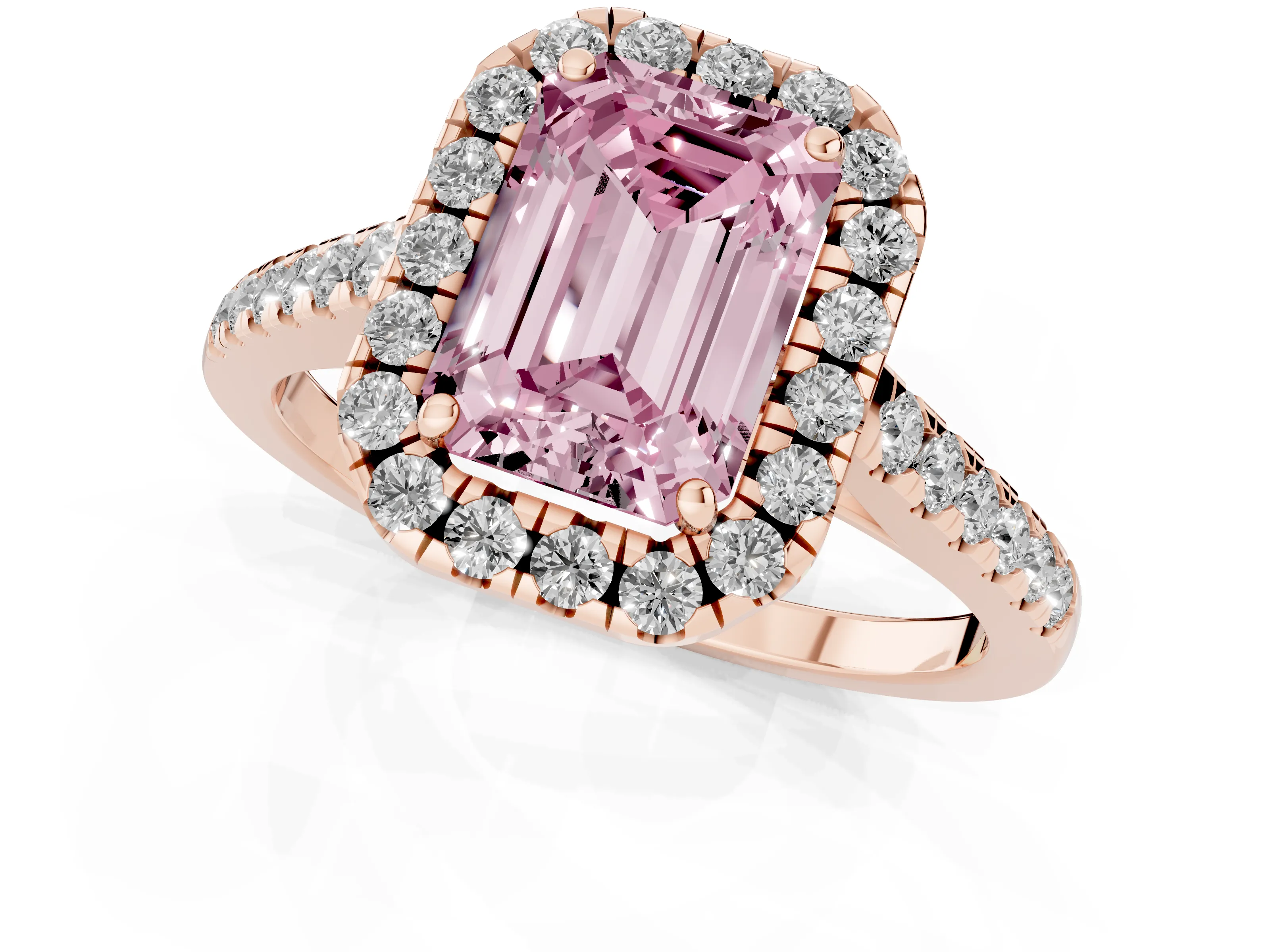 Fancy Pink Emerald Cut Diamond Halo Pavé Engagement Ring Set in Rose gold with Prong Setting