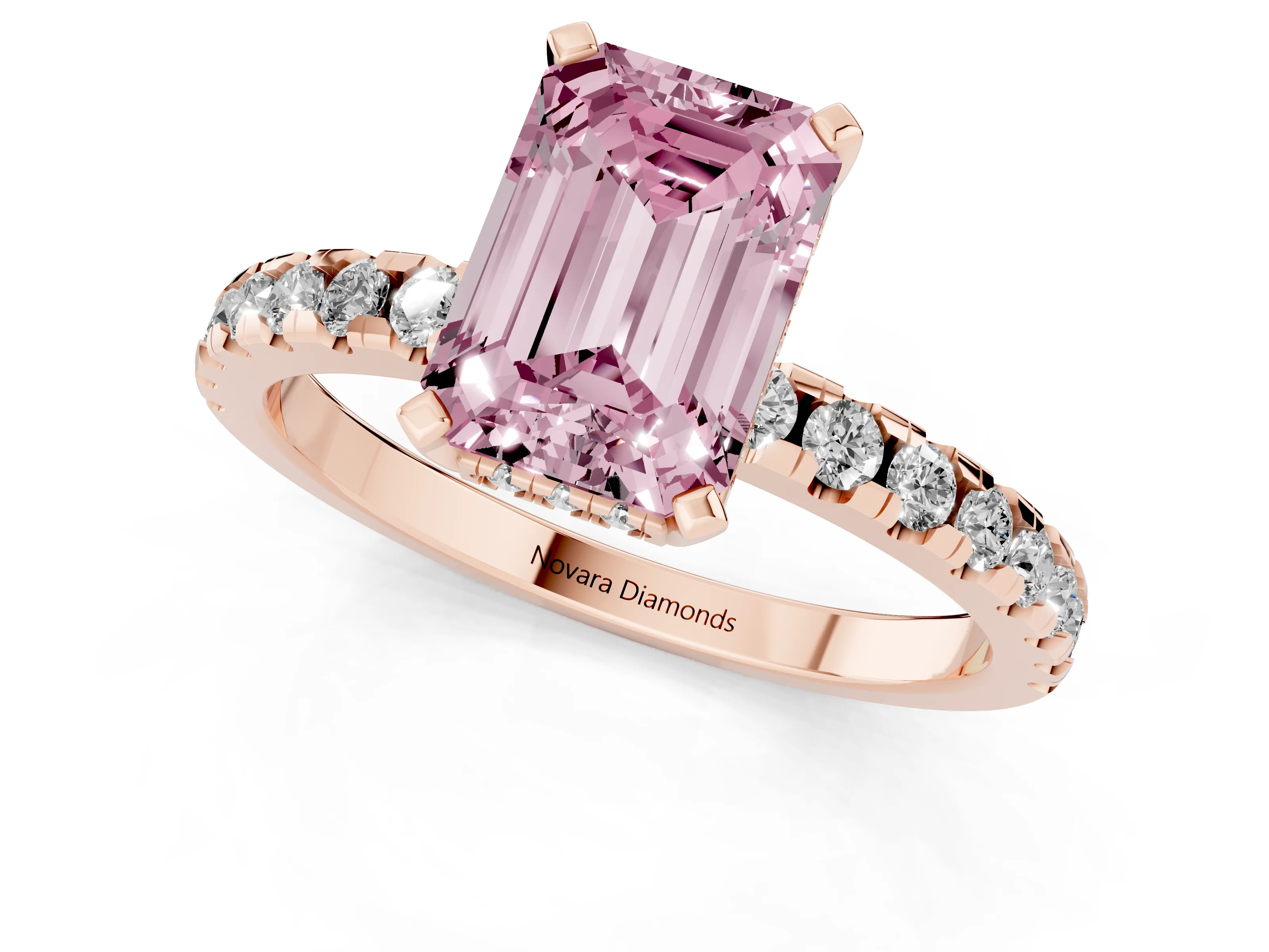 Fancy Pink Emerald Cut Diamond Pavé Solitaire Ring Set in Rose gold with Round Band Accents and Prong Setting