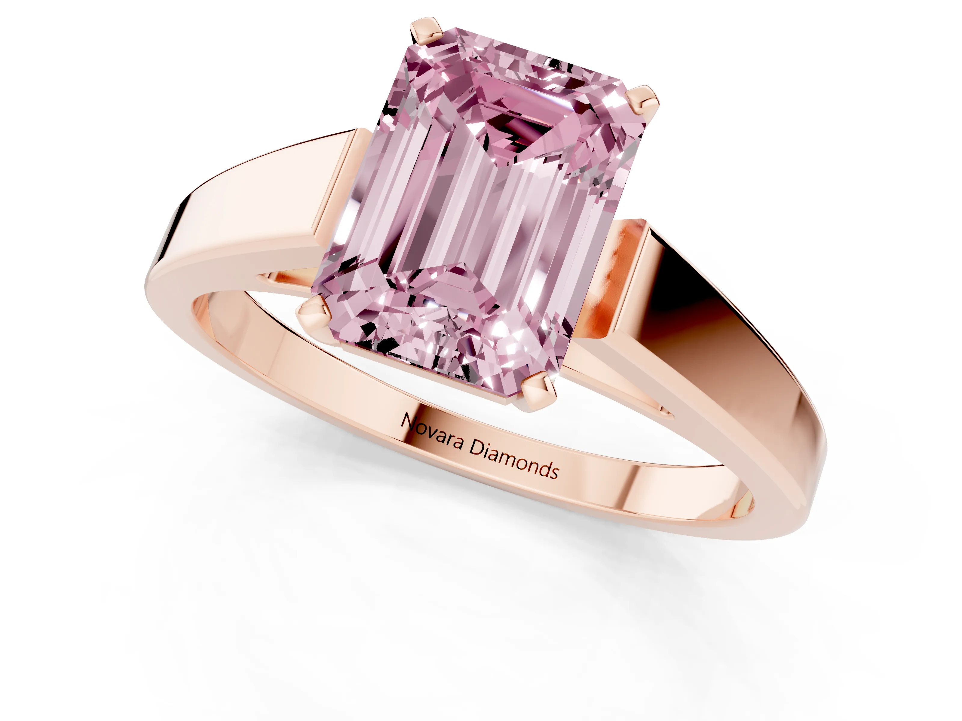 Fancy Pink Emerald Cut Diamond Solitaire Engagement Ring Set in Rose gold with Prong Setting and Tapered Band
