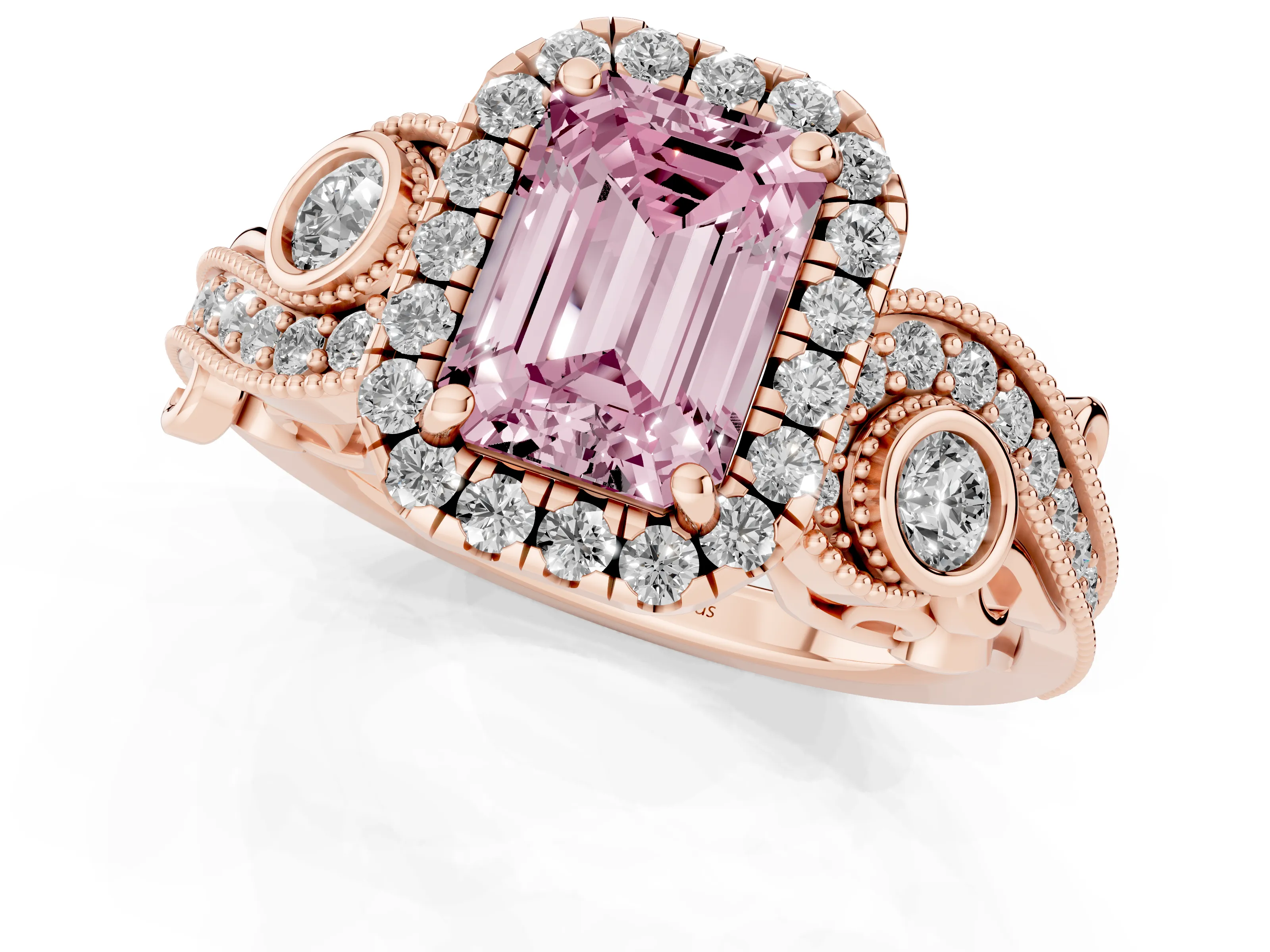 Fancy Pink Emerald Cut Diamond Halo Ring Set in Rose gold with Milgrain Pavé Band and Prong Setting