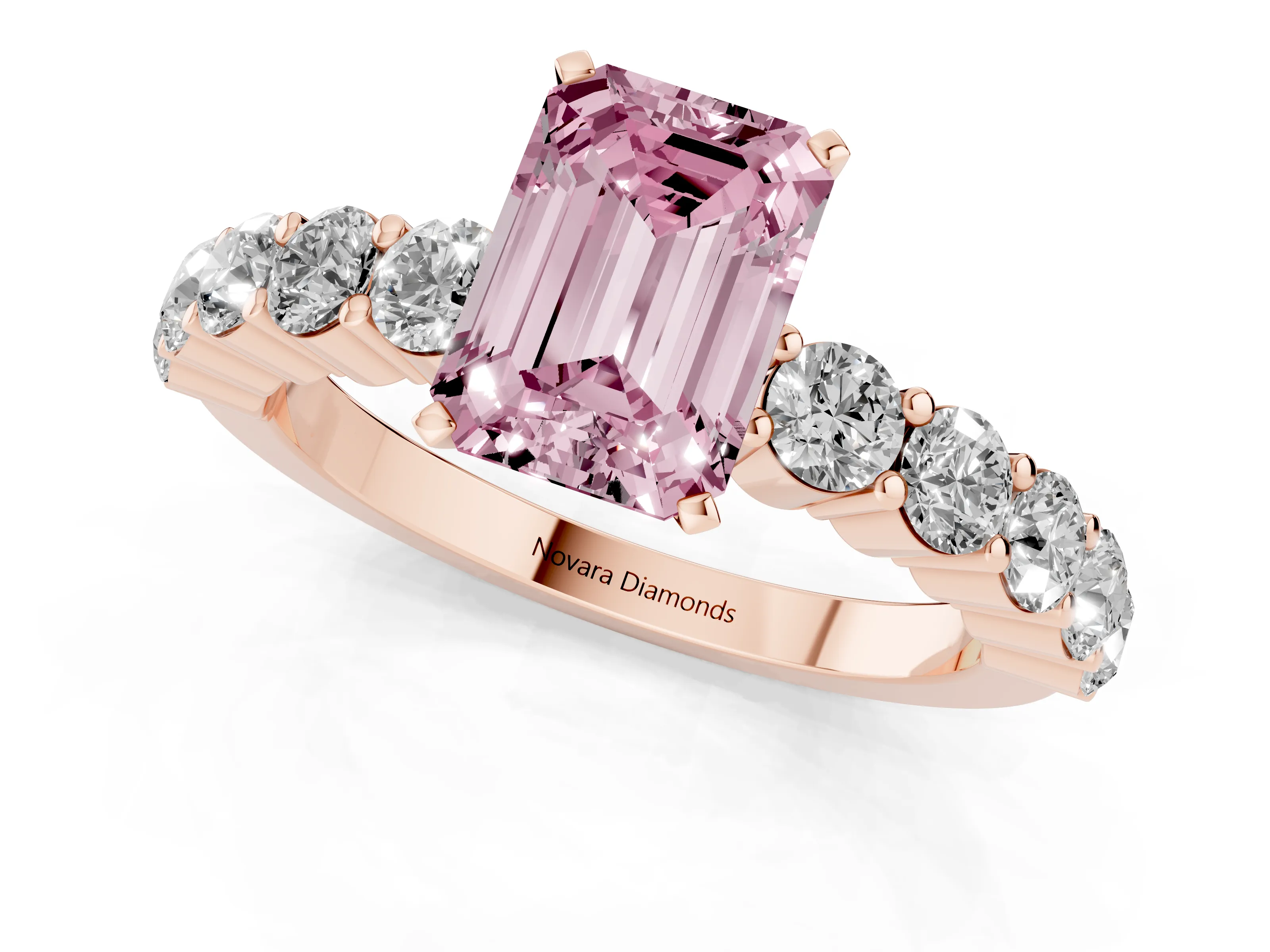 Fancy Pink Emerald Cut Diamond Solitaire Ring Set in Rose gold with Shared Prong Round Side Stones