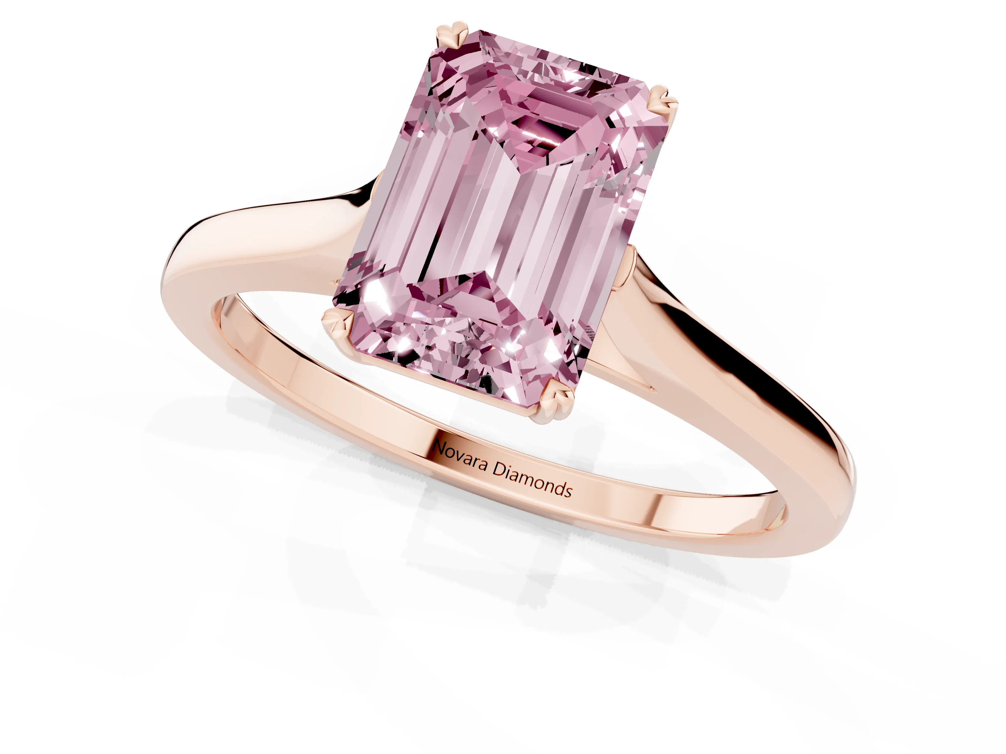 Fancy Pink Emerald Cut Diamond Solitaire Heart Prong Engagement Ring Set in Rose gold with Tapered Band