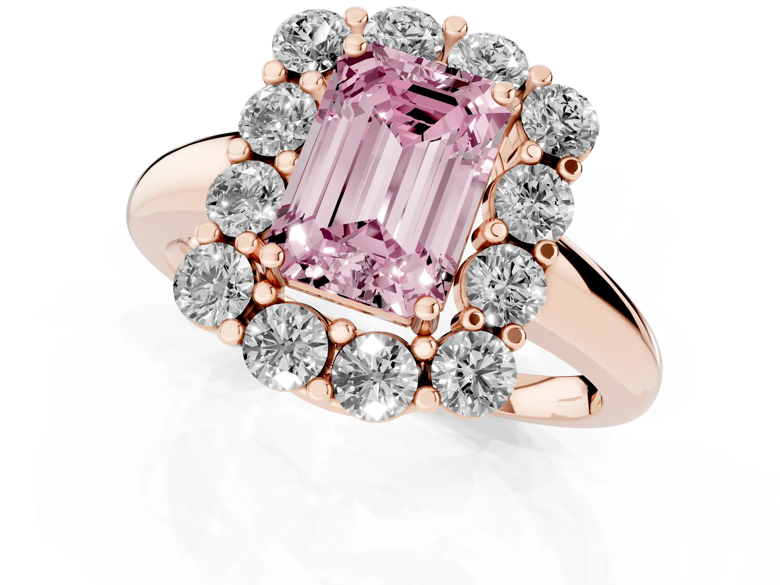Fancy Pink Emerald Cut Diamond Halo Cluster Engagement Ring Set in Rose gold with Polished Band and Prong Setting