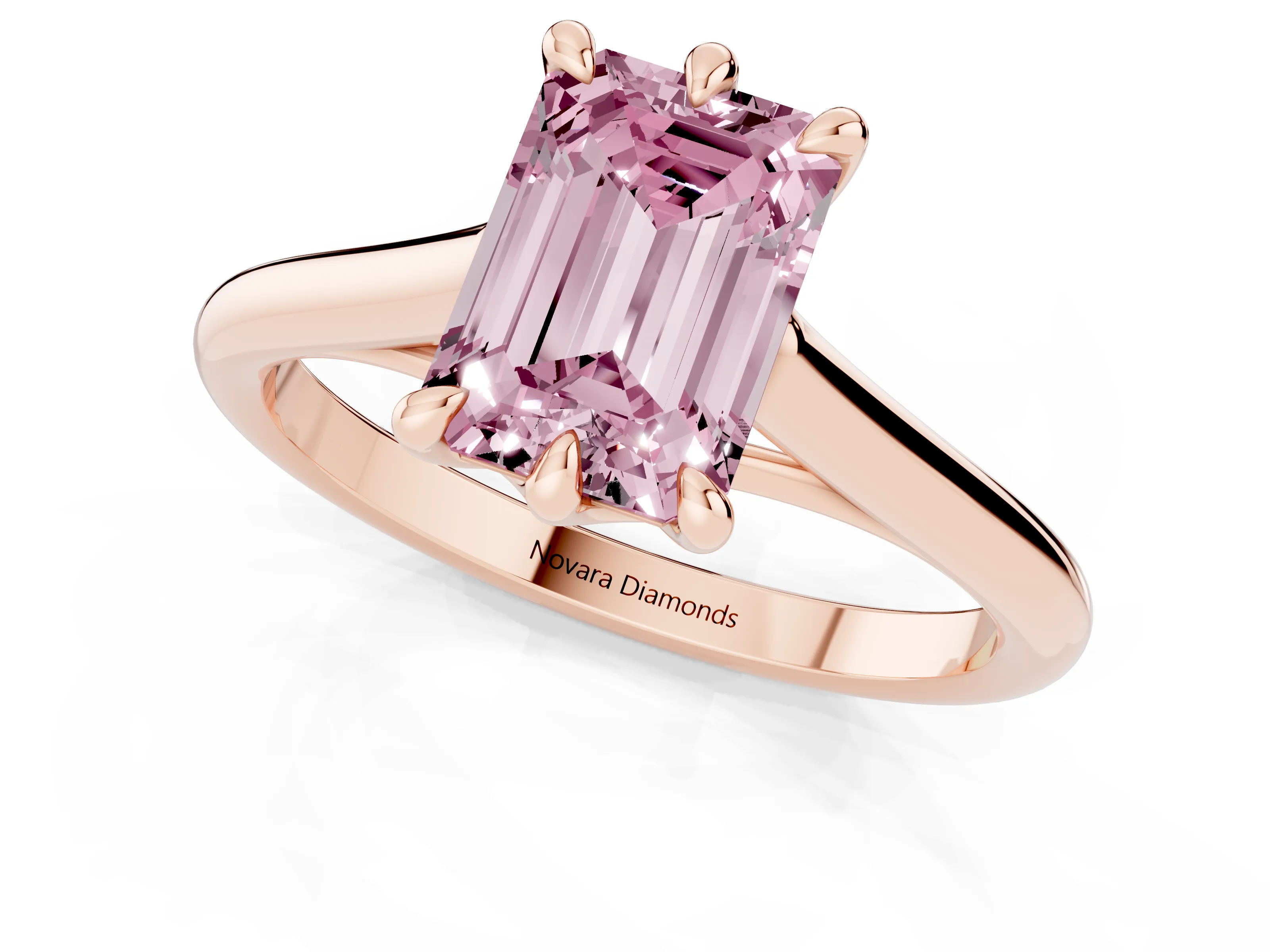 Fancy Pink Emerald Cut Diamond Solitaire Engagement Ring Set in Rose gold with Prong Setting and Plain Classic Band